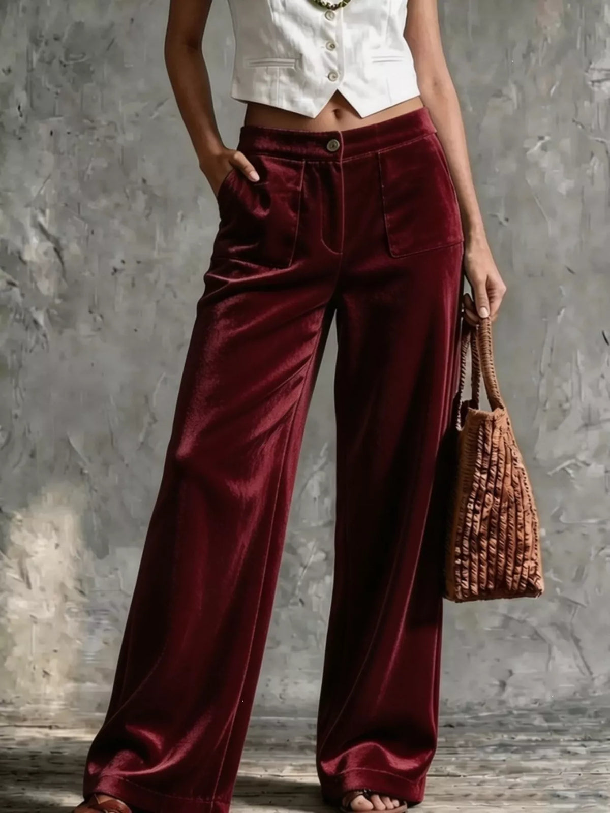 High-Waisted Wide-Leg Velvet Pants with Pockets — product view 8