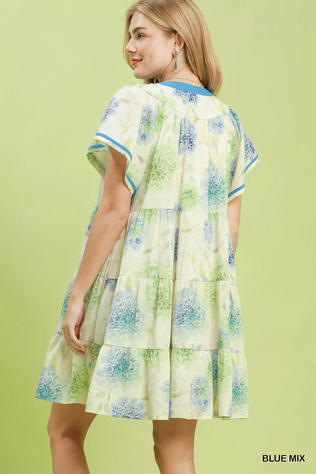 Umgee Blue Mix floral babydoll dress with contrast trim and tiered skirt