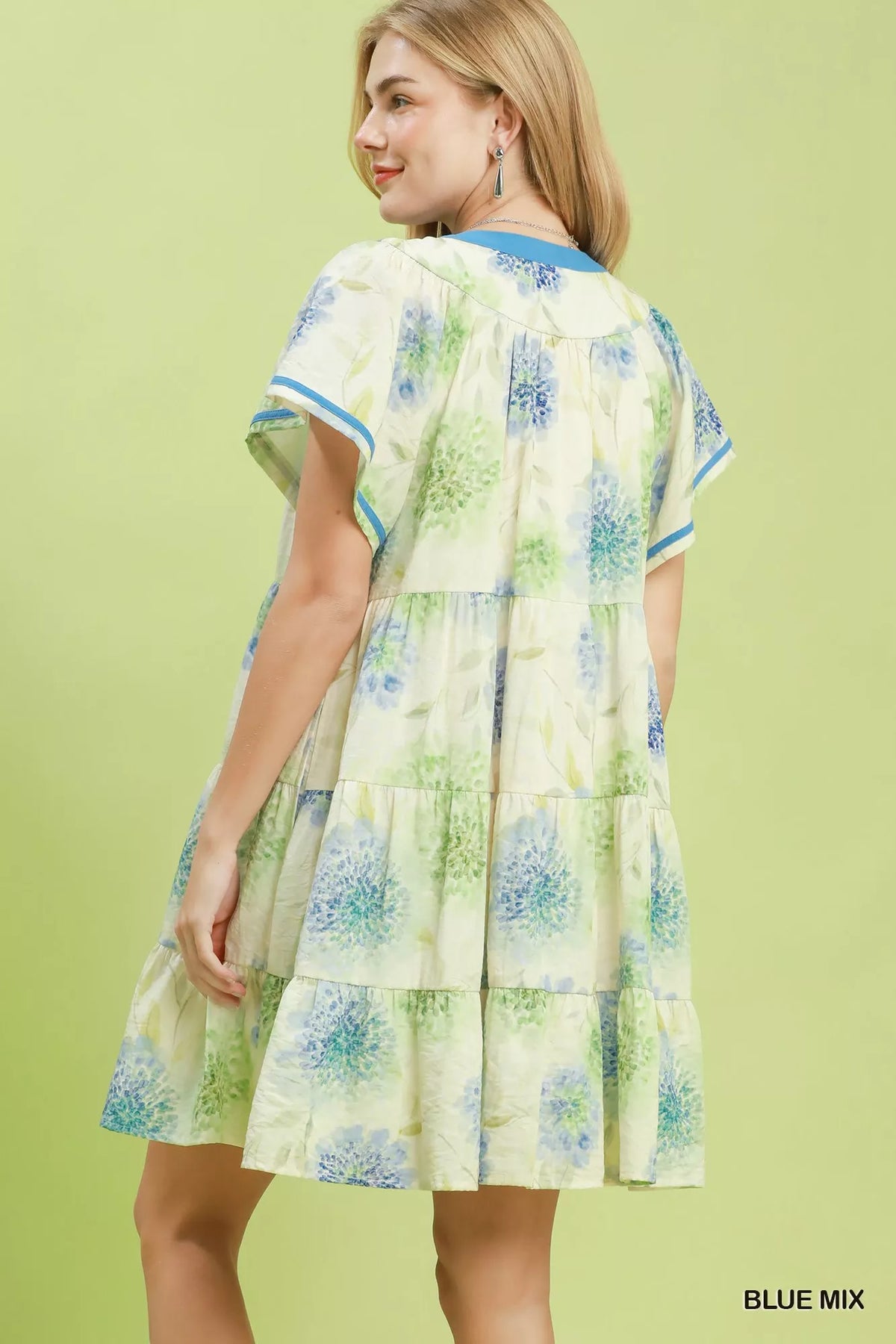 Umgee Blue Mix floral babydoll dress with contrast trim and tiered skirt
