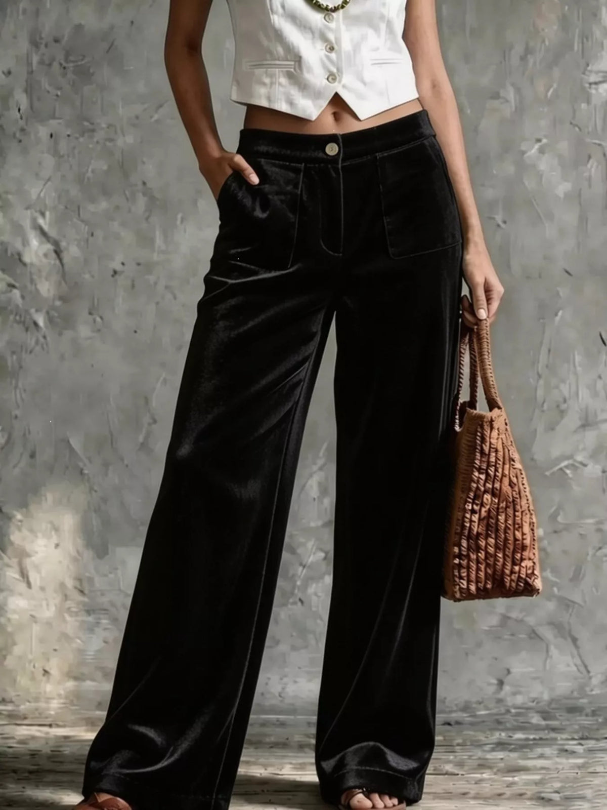 High-Waisted Wide-Leg Velvet Pants with Pockets — product view 10