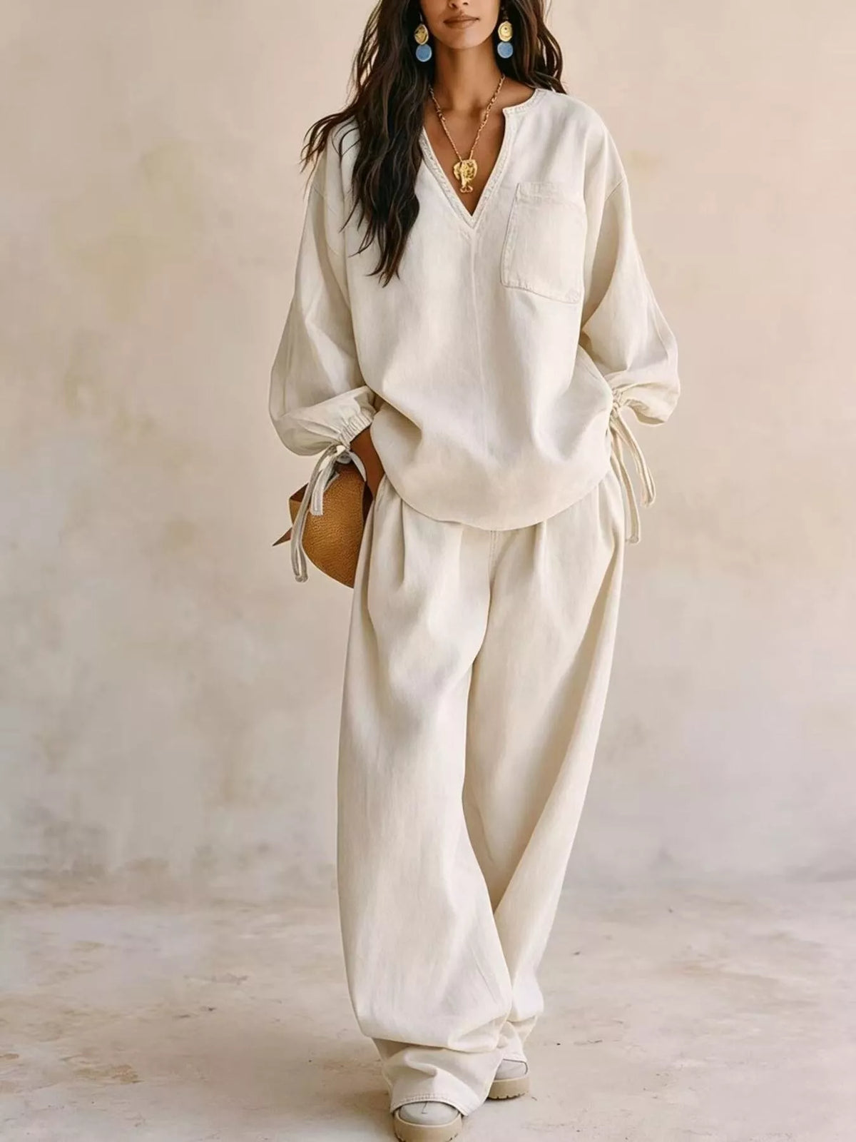 Drawstring-Sleeve Top and Pants Denim Set — product view 4