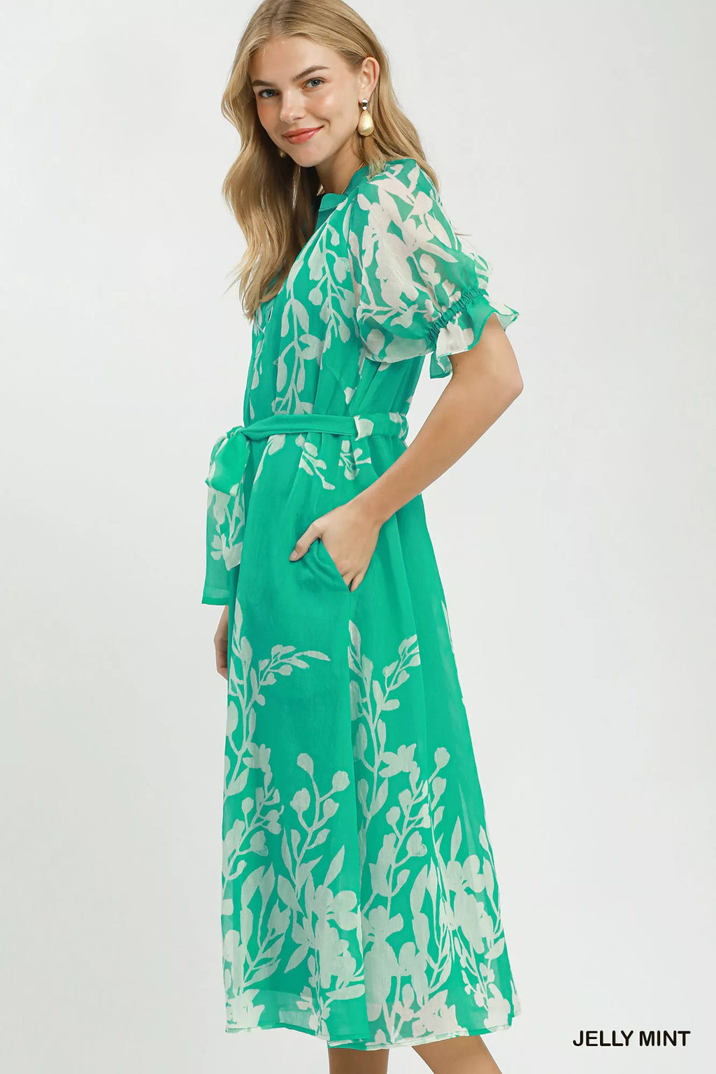 Umgee Jelly Mint floral midi dress with puff sleeves and matching tie belt