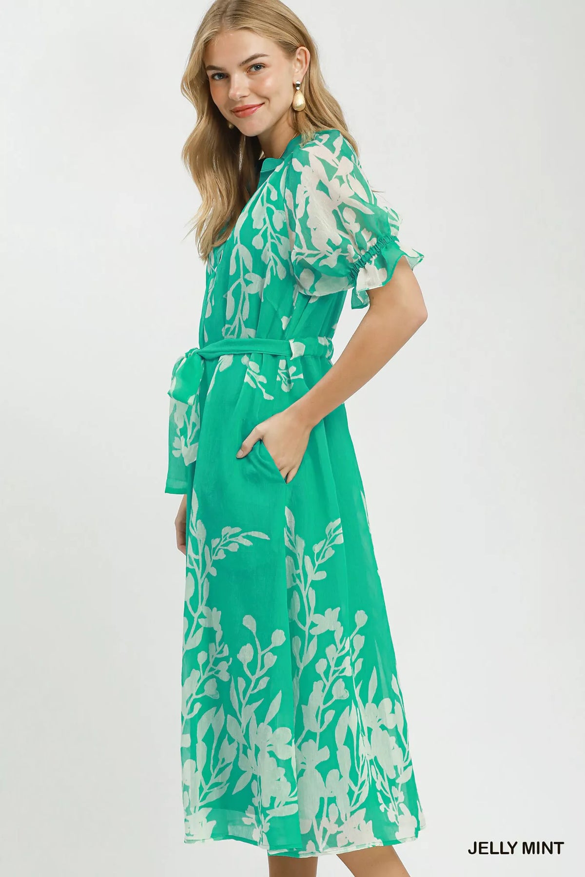 Umgee Jelly Mint floral midi dress with puff sleeves and matching tie belt