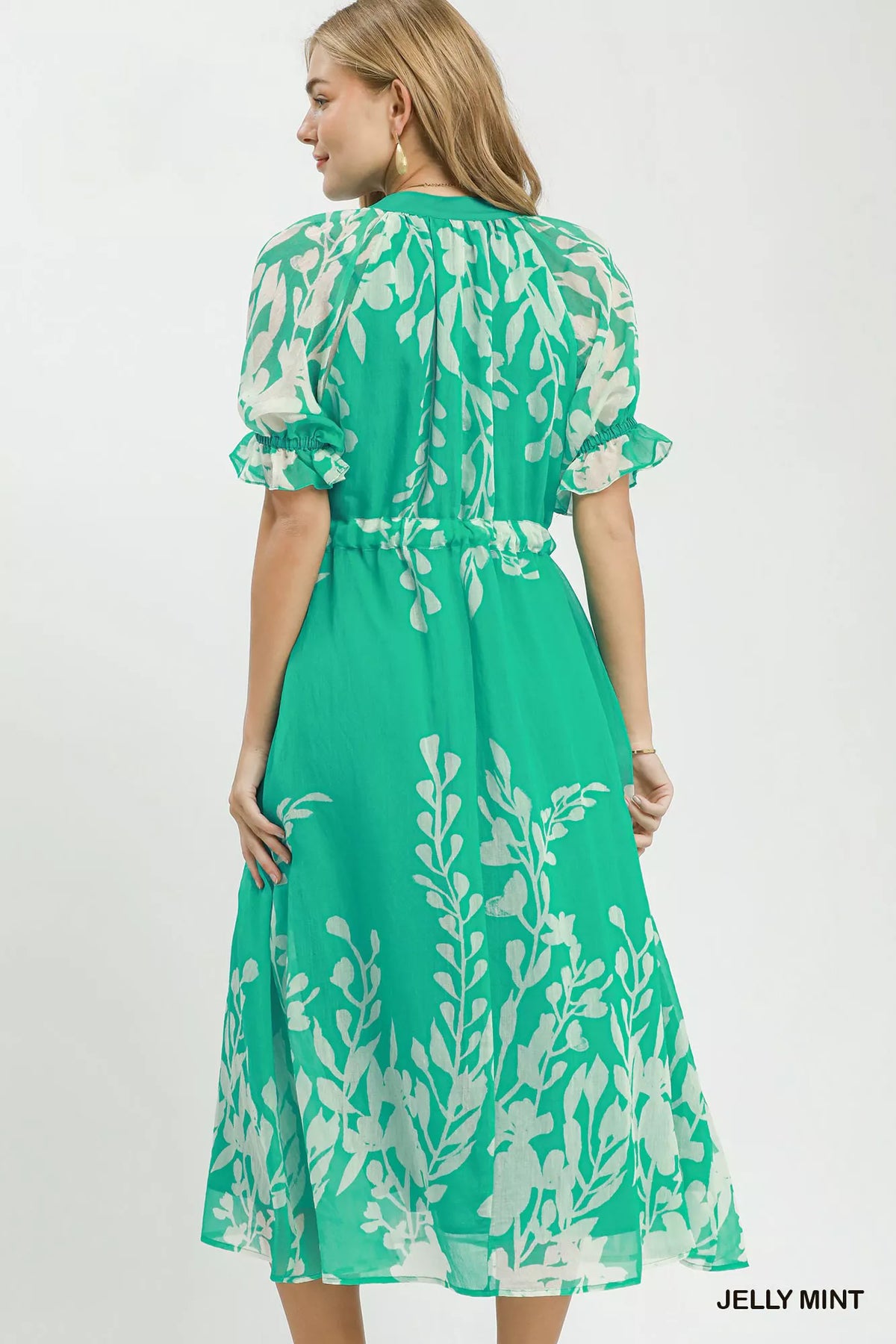Umgee Jelly Mint floral midi dress with puff sleeves and matching tie belt