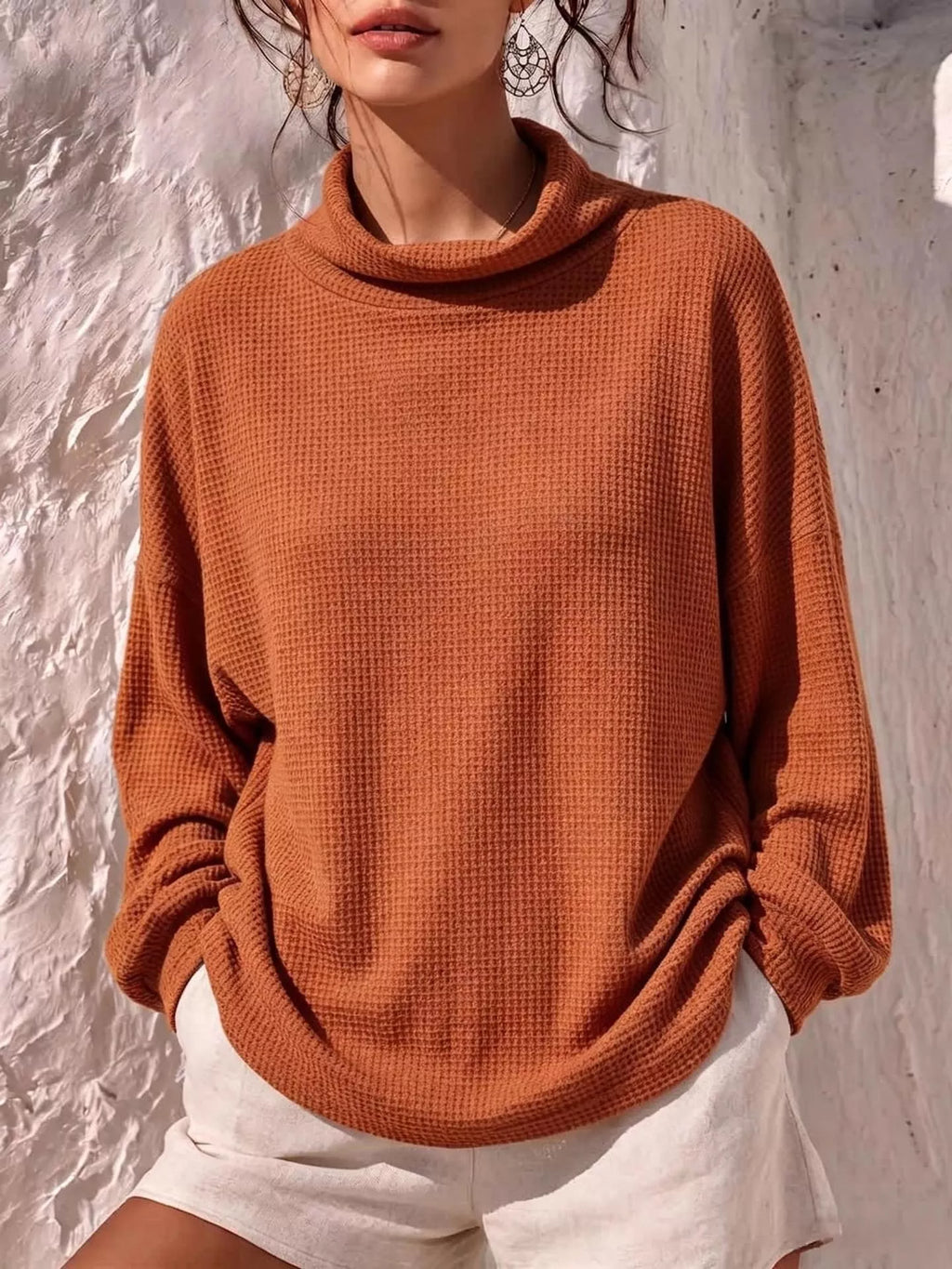 Waffle-Knit Mock-Neck Long-Sleeve Top — product view 1