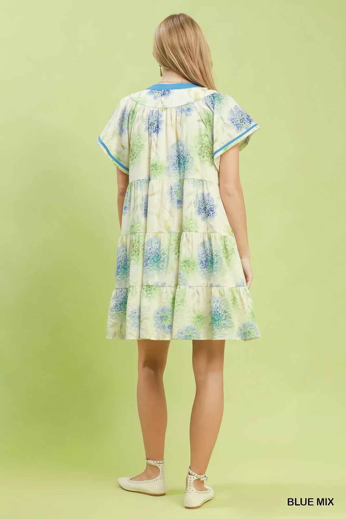 Umgee Blue Mix floral babydoll dress with contrast trim and tiered skirt