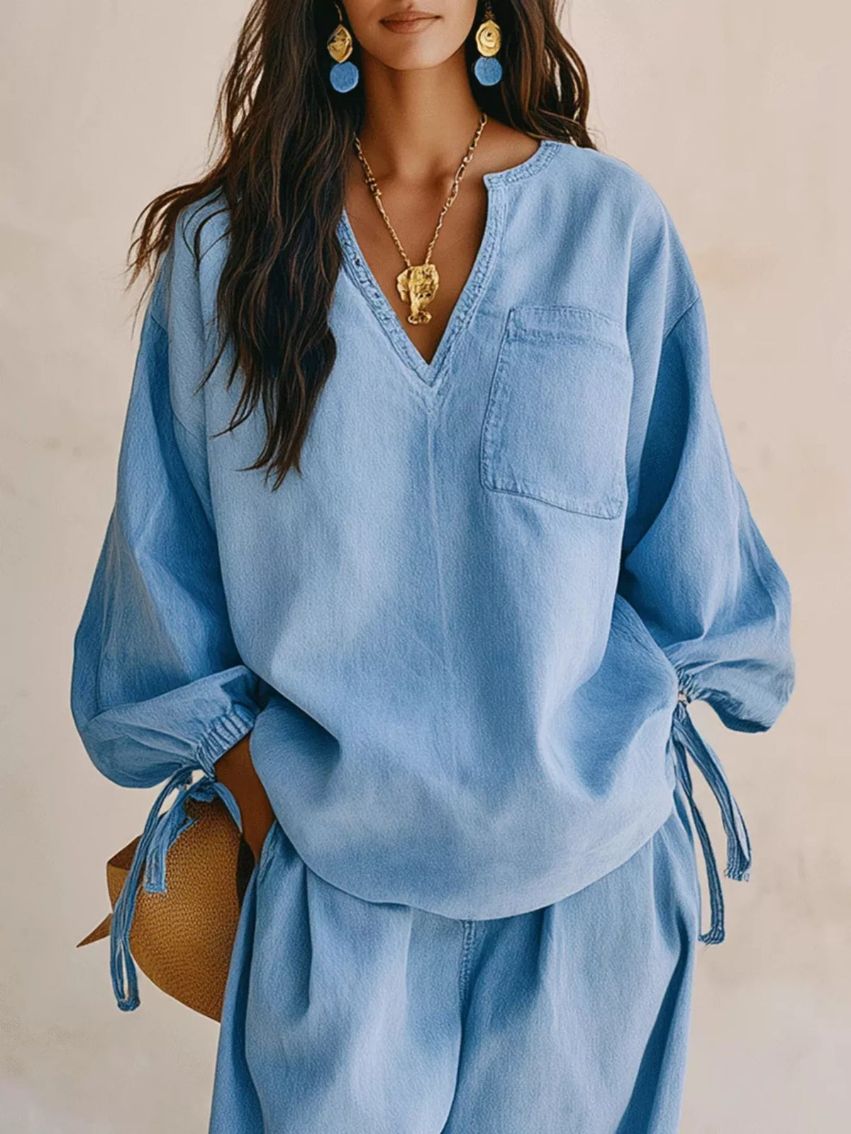 Drawstring-Sleeve Top and Pants Denim Set — product view 2