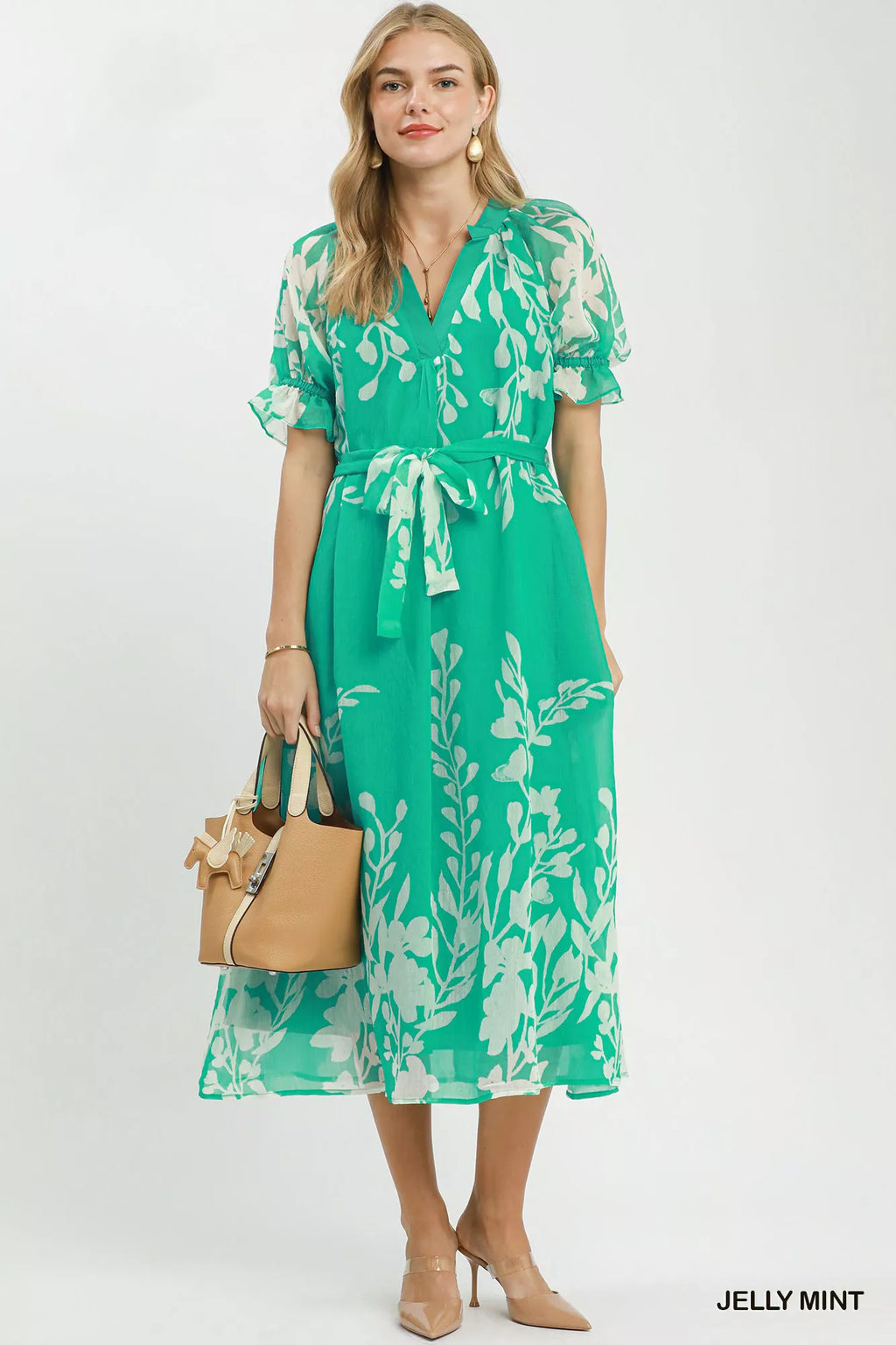 Umgee Jelly Mint floral midi dress with puff sleeves and matching tie belt