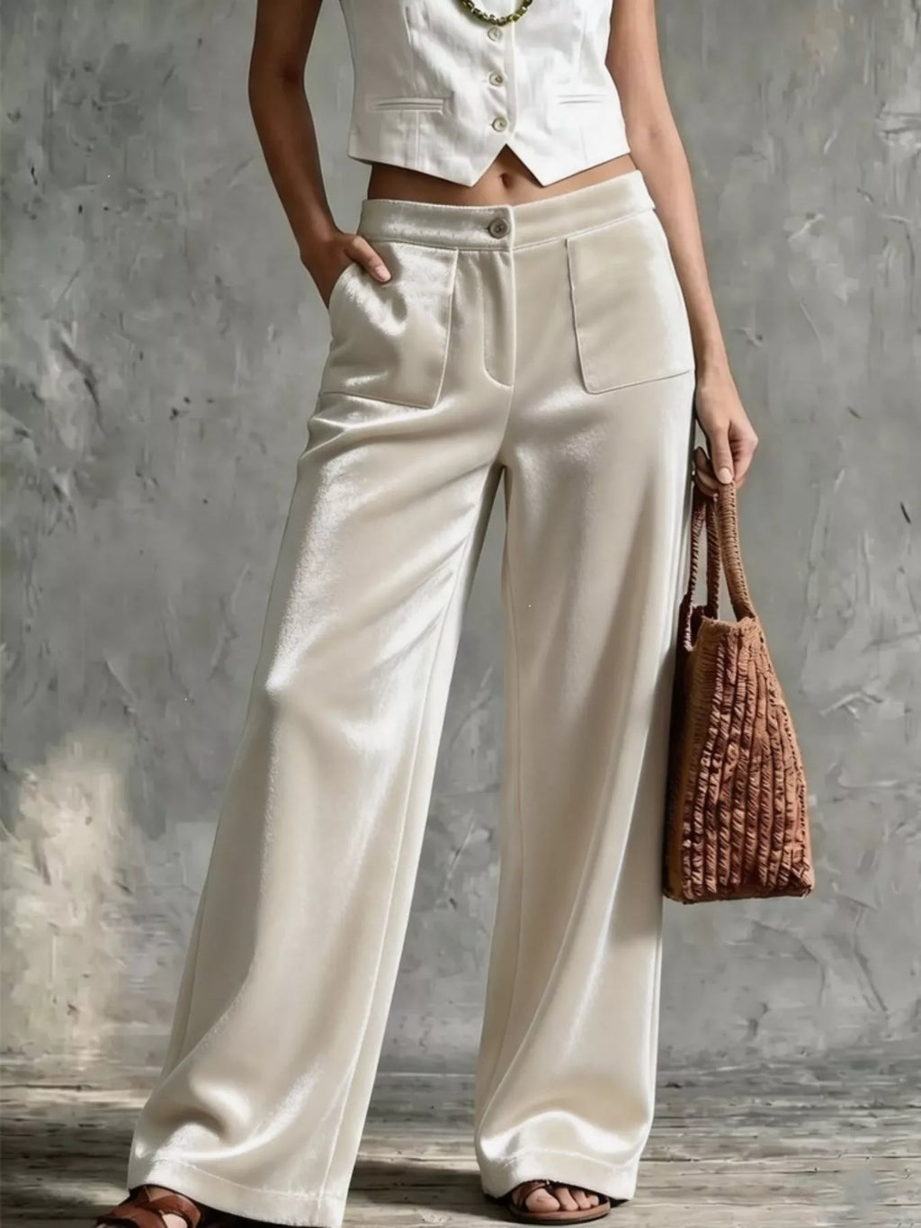 High-Waisted Wide-Leg Velvet Pants with Pockets — product view 1