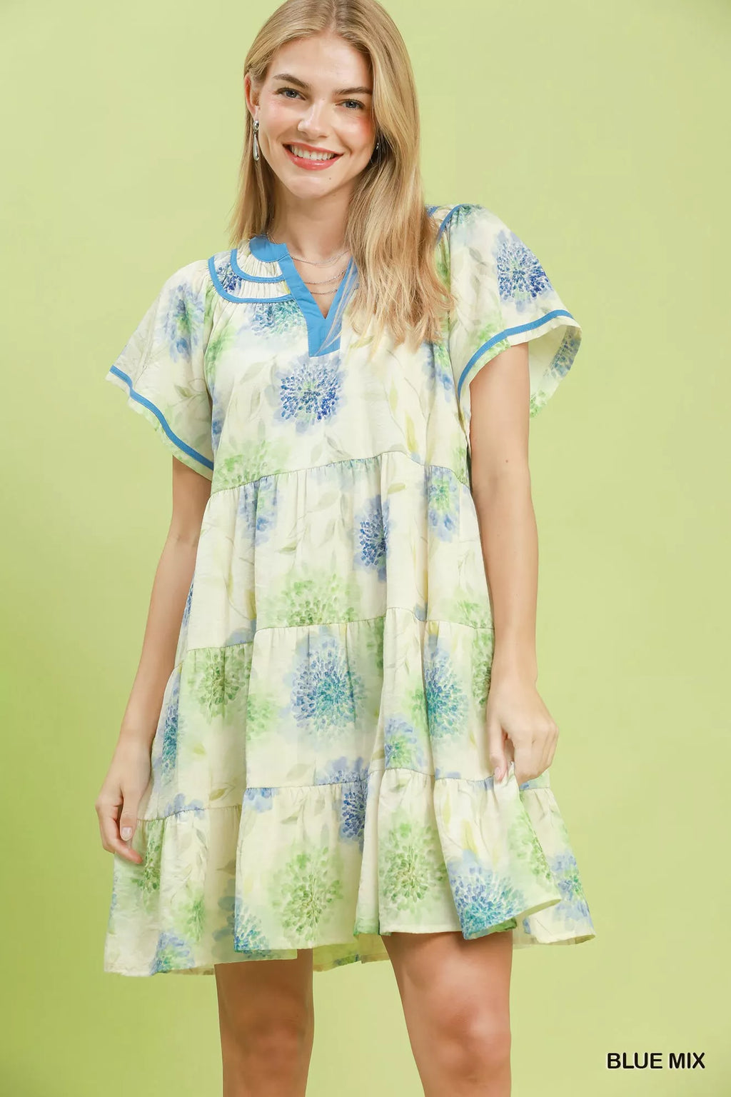 Umgee Blue Mix floral babydoll dress with contrast trim and tiered skirt