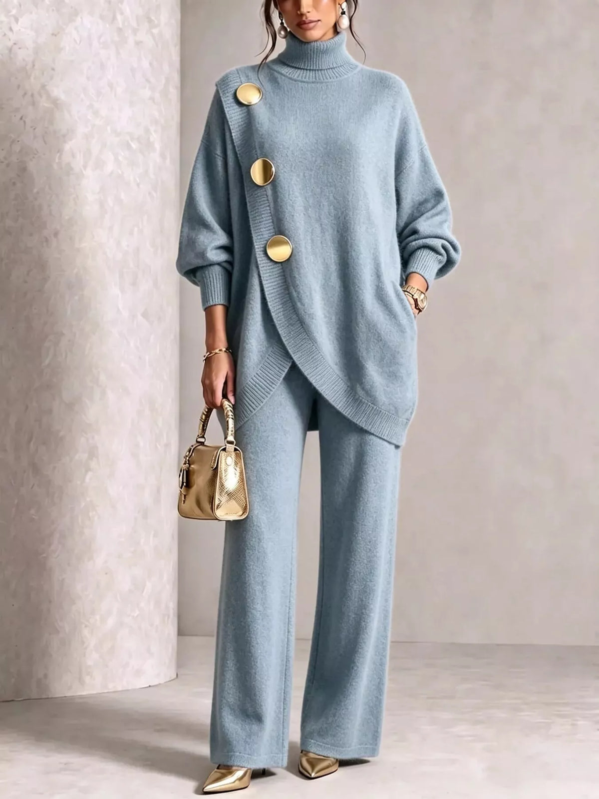 Gold-Button Turtleneck Sweater and Pants Set — product view 5