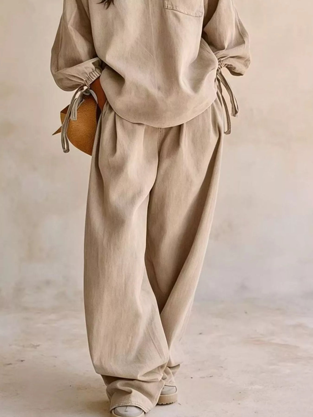 Drawstring-Sleeve Top and Pants Denim Set — product view 9