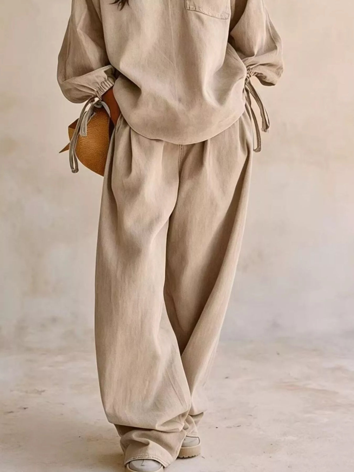 Drawstring-Sleeve Top and Pants Denim Set — product view 9