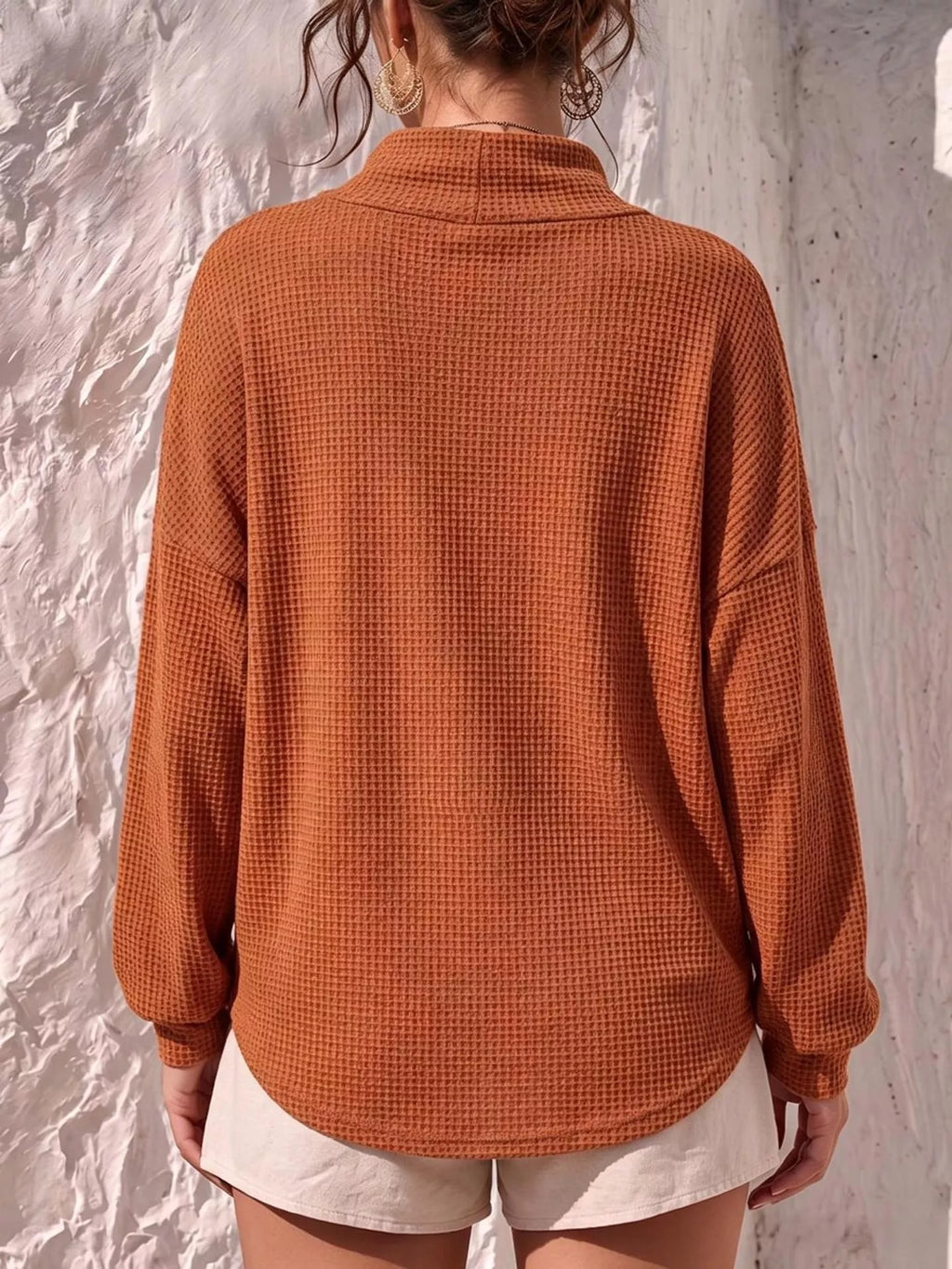 Waffle-Knit Mock-Neck Long-Sleeve Top — product view 2