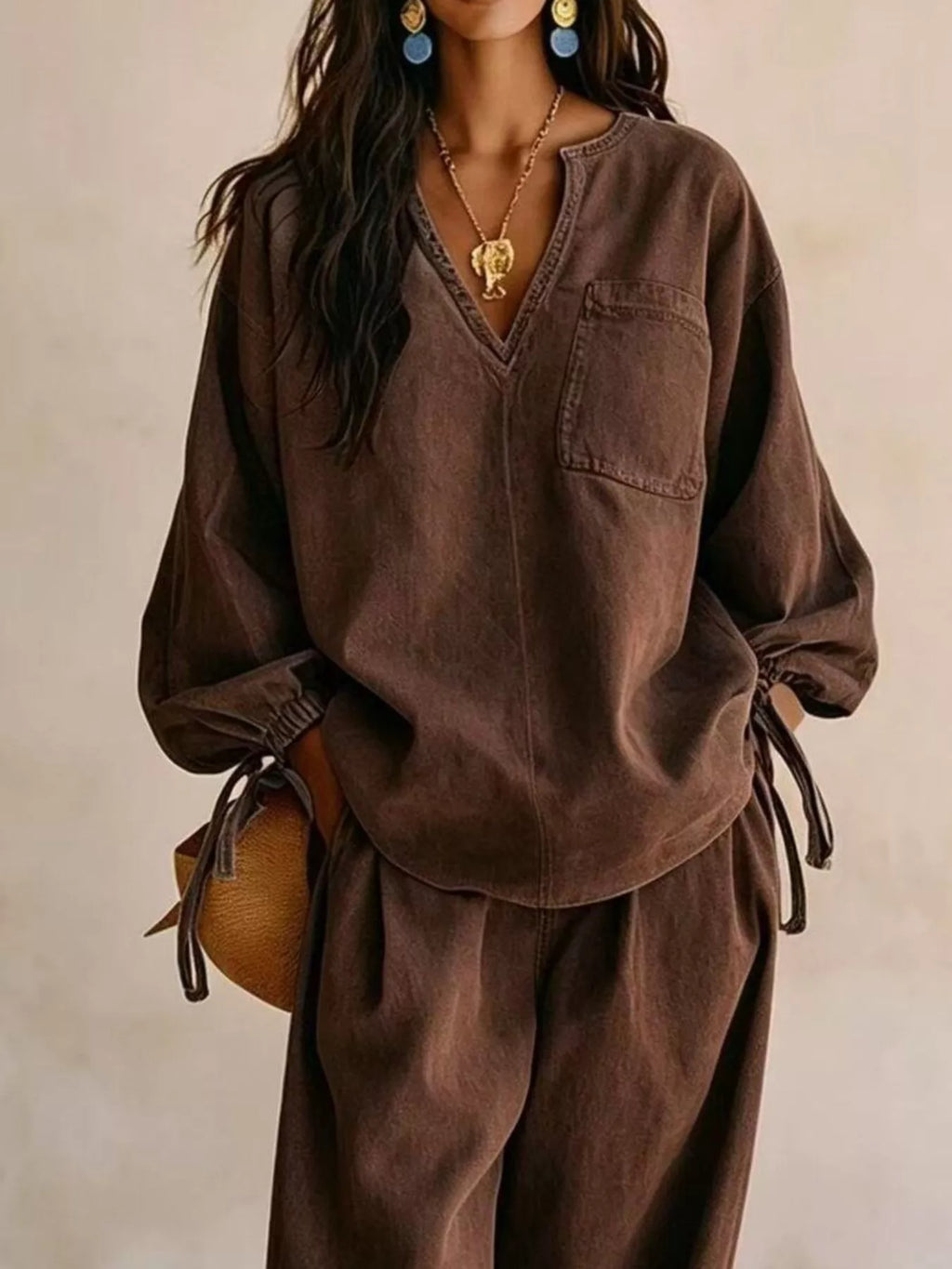 Drawstring-Sleeve Top and Pants Denim Set — product view 11