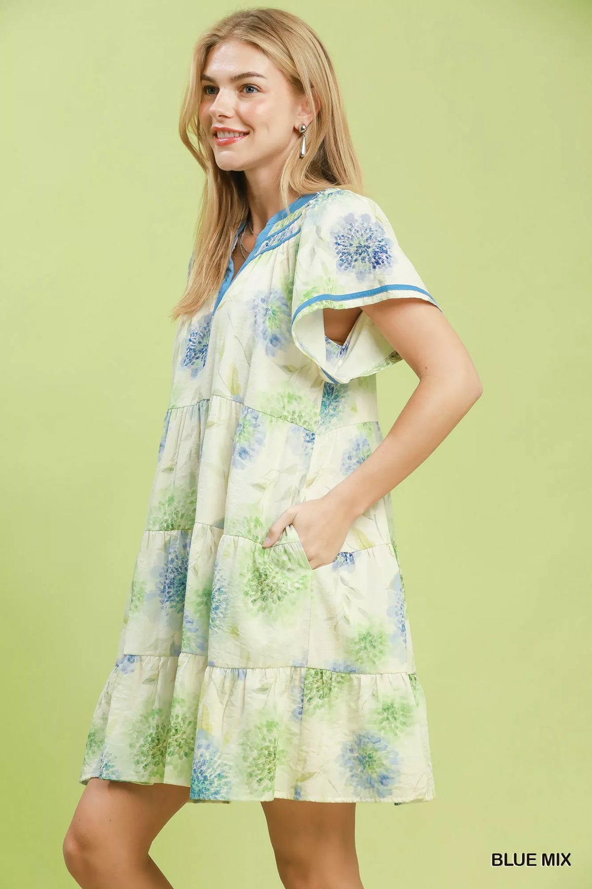 Umgee Blue Mix floral babydoll dress with contrast trim and tiered skirt