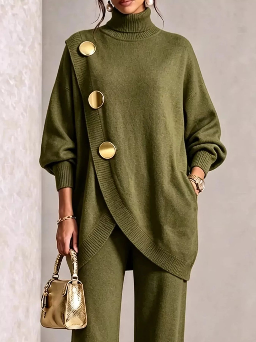 Gold-Button Turtleneck Sweater and Pants Set — product view 4