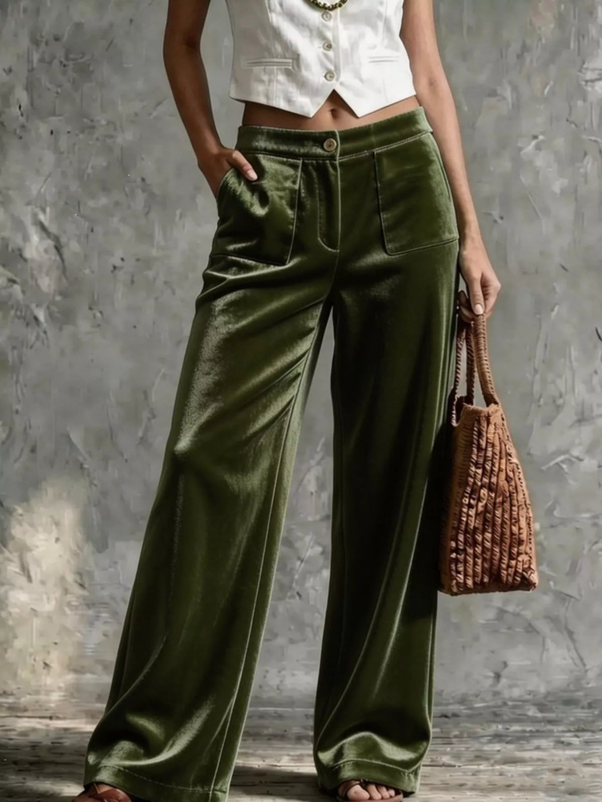High-Waisted Wide-Leg Velvet Pants with Pockets — product view 3