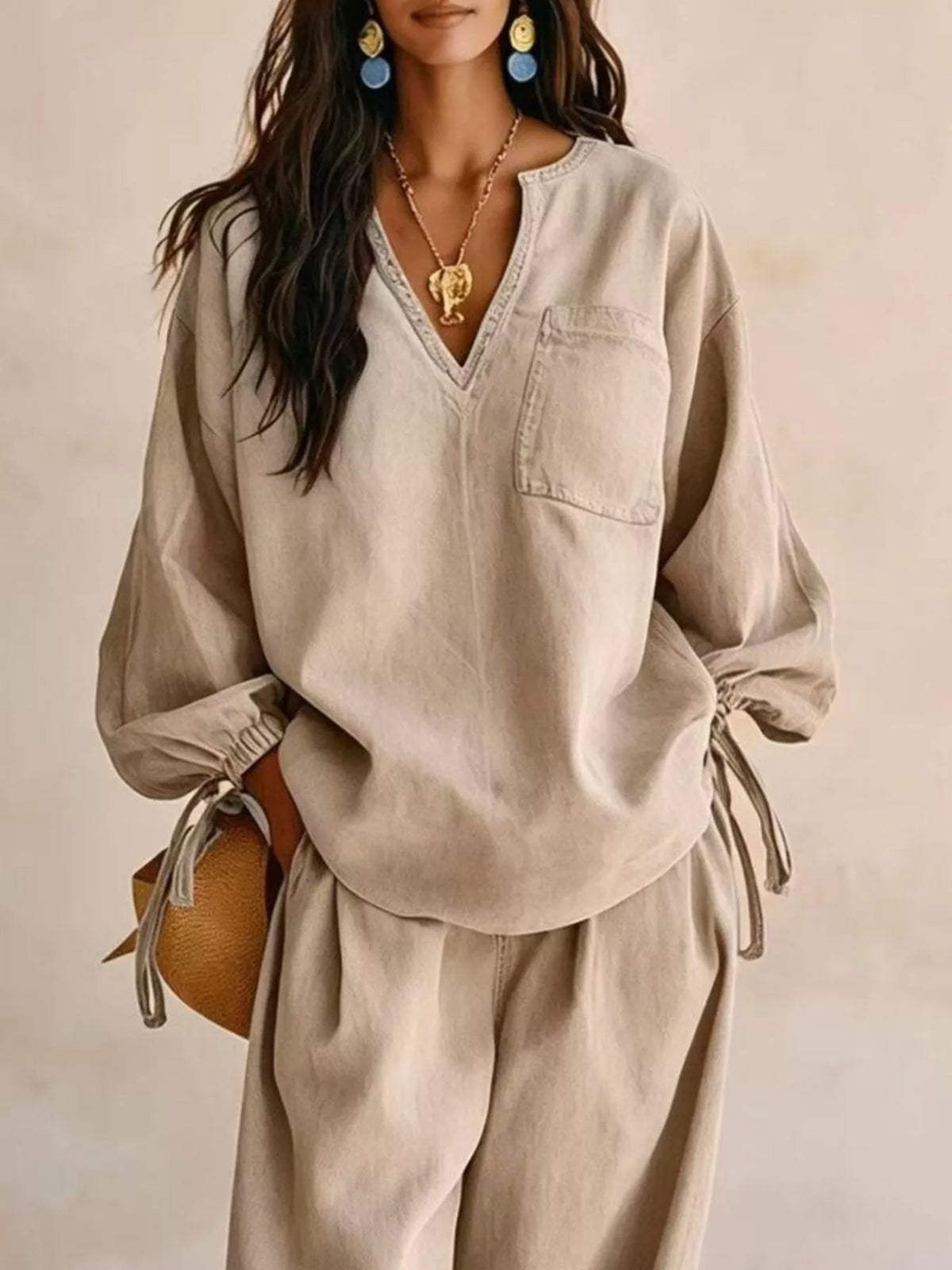Drawstring-Sleeve Top and Pants Denim Set — product view 8