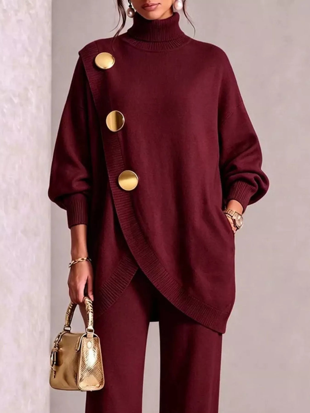 Gold-Button Turtleneck Sweater and Pants Set — product view 2