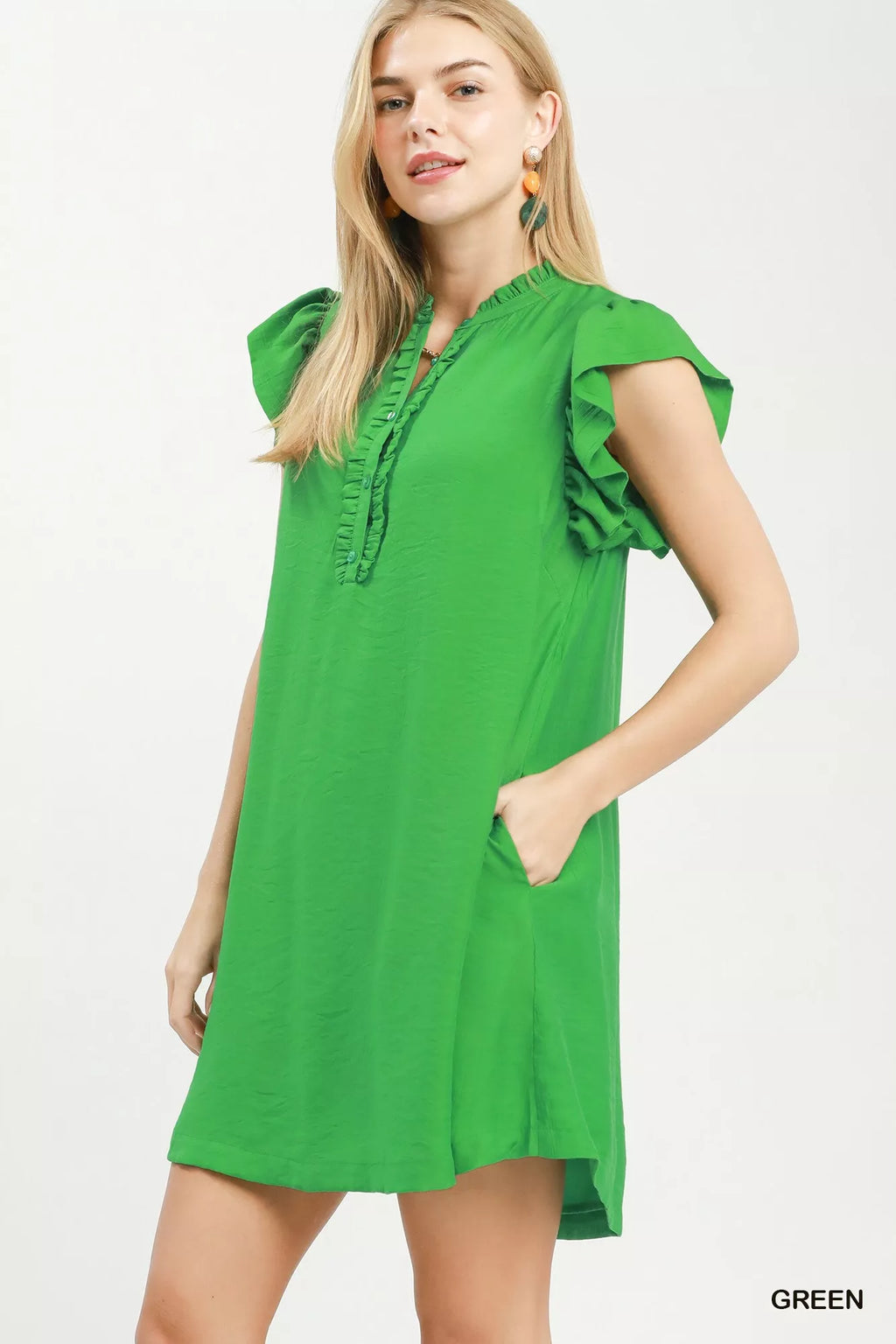 Green Umgee ruffle-sleeve Henley shift dress — product view 2