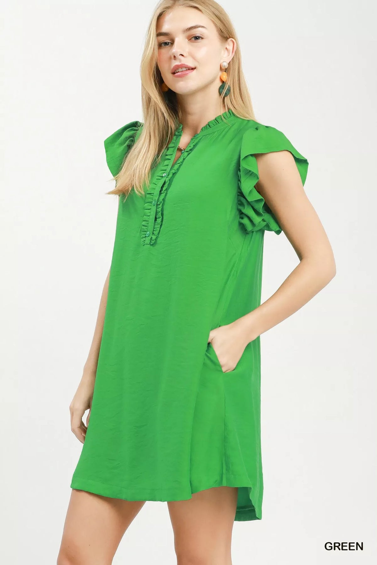 Green Umgee ruffle-sleeve Henley shift dress — product view 2