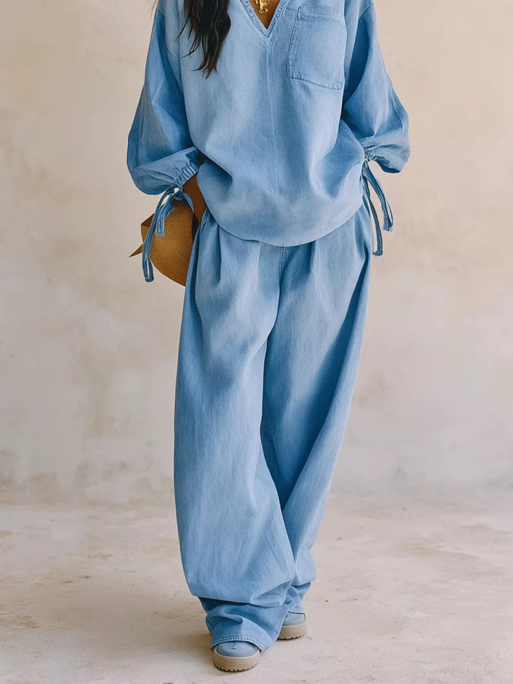 Drawstring-Sleeve Top and Pants Denim Set — product view 3