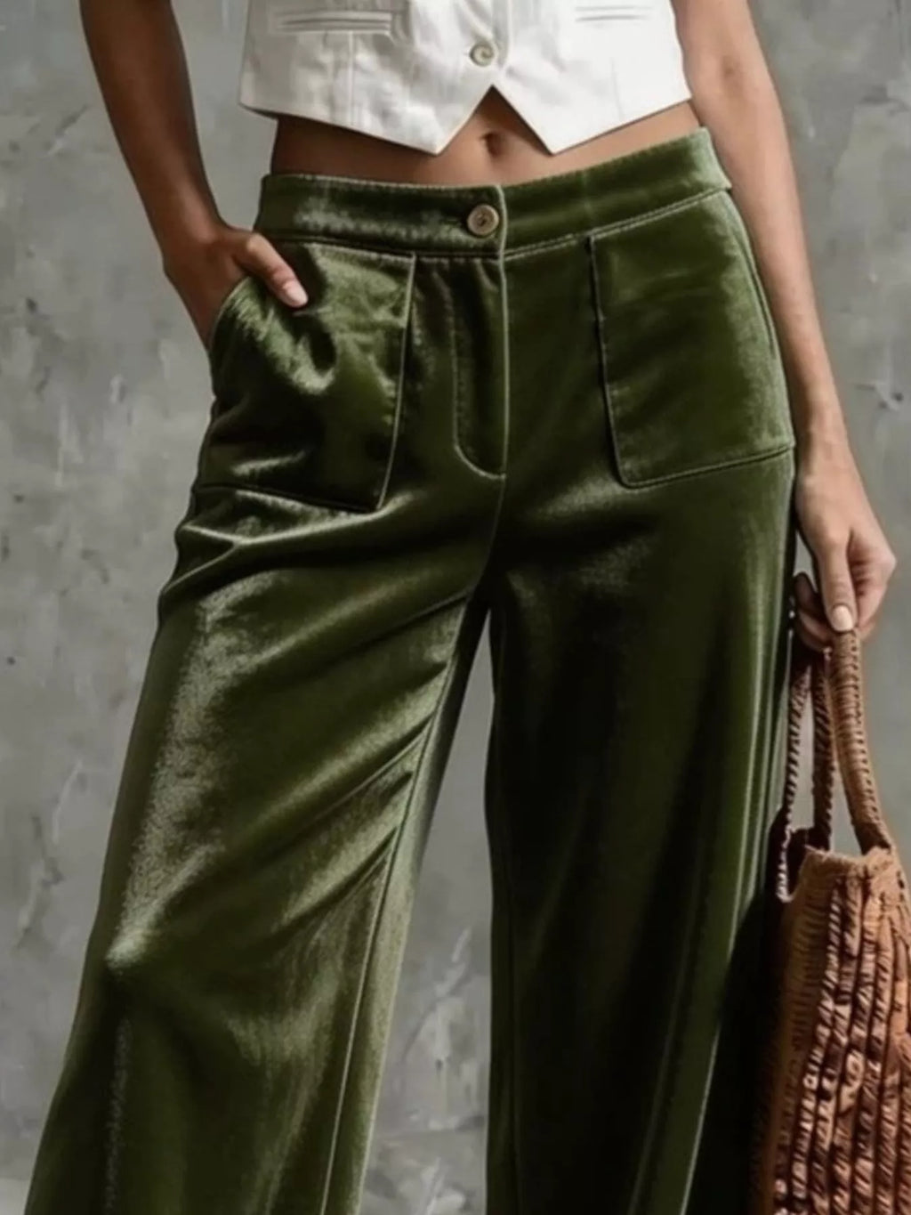 High-Waisted Wide-Leg Velvet Pants with Pockets — product view 4