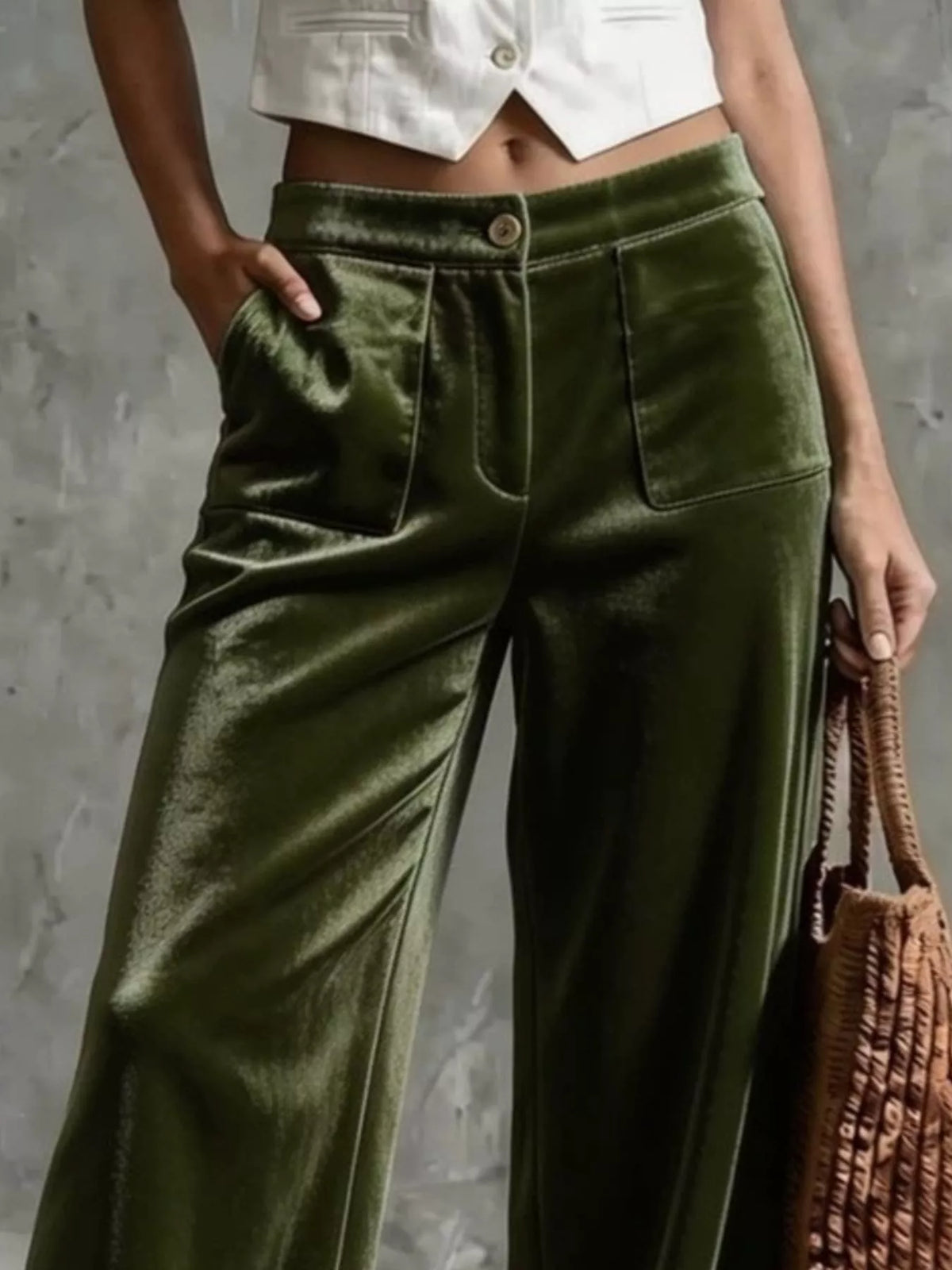 High-Waisted Wide-Leg Velvet Pants with Pockets — product view 4