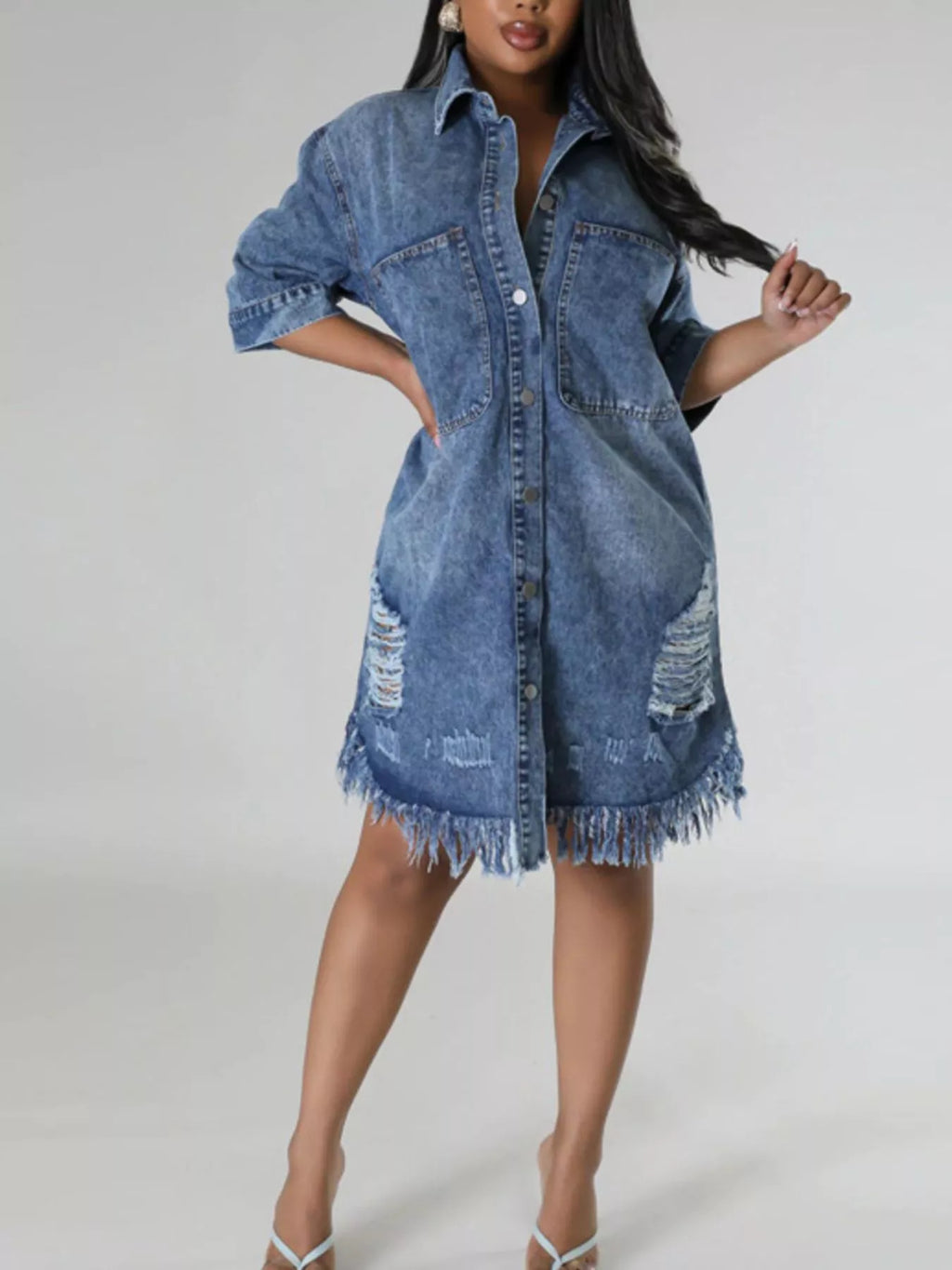 Distressed Button-Down Denim Dress — product view 1