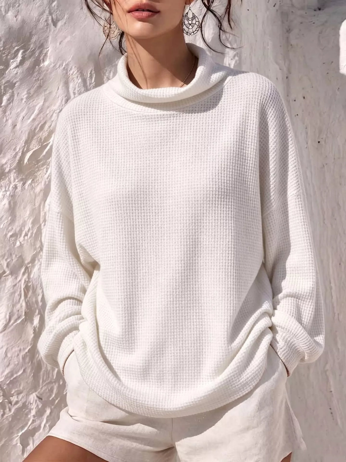 Waffle-Knit Mock-Neck Long-Sleeve Top — product view 3