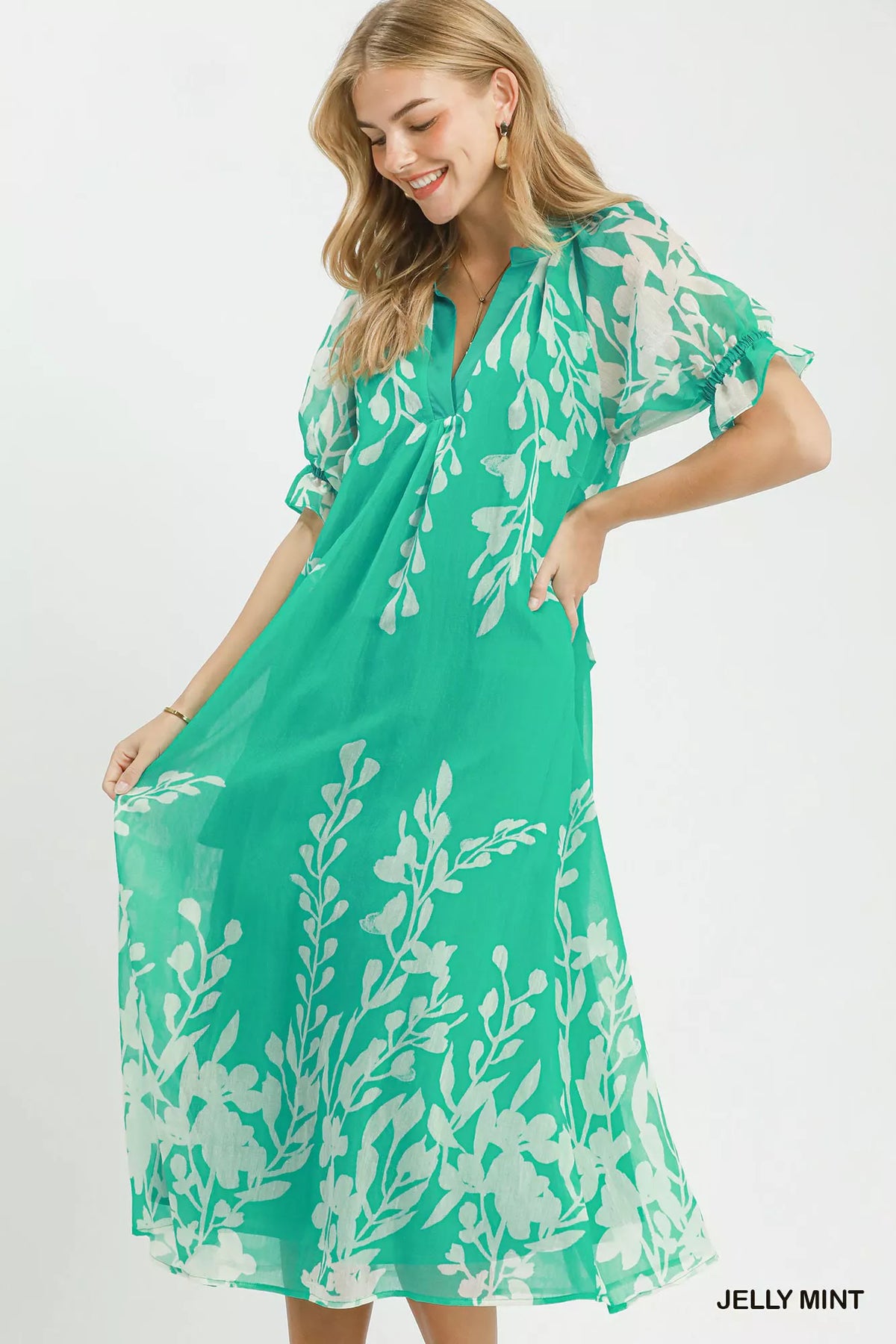 Umgee Jelly Mint floral midi dress with puff sleeves and matching tie belt