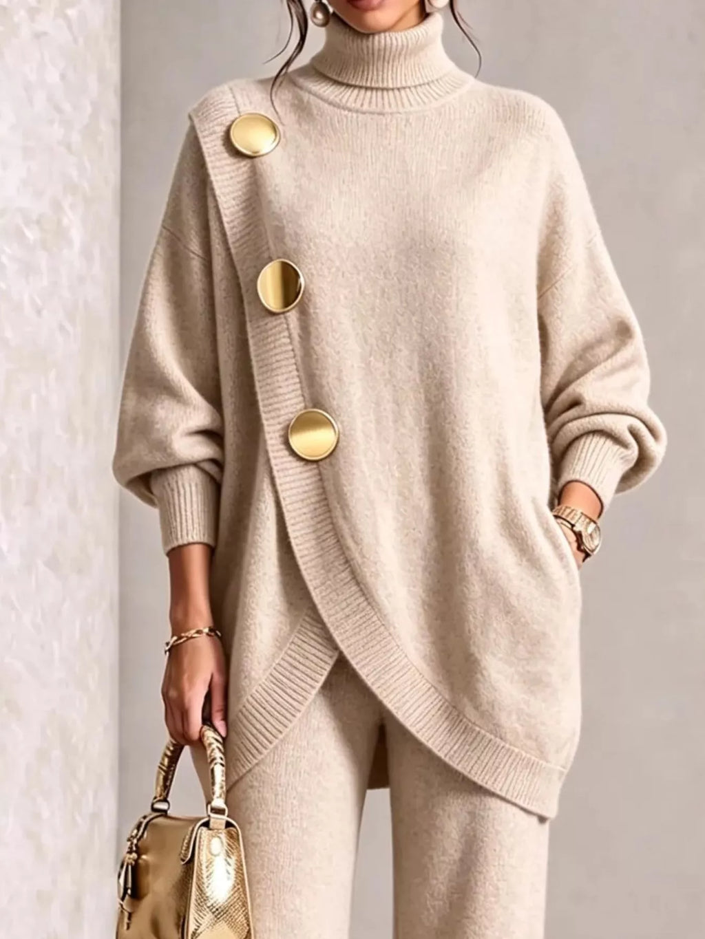 Gold-Button Turtleneck Sweater and Pants Set — product view 8