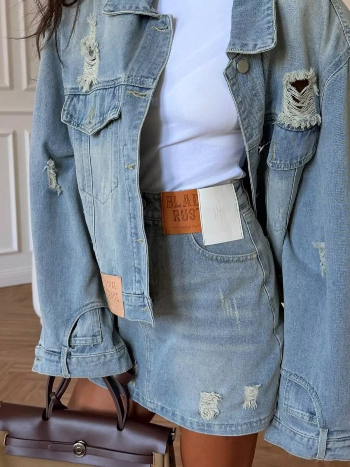 Distressed Denim Jacket and Mini Skirt Set — product view 7