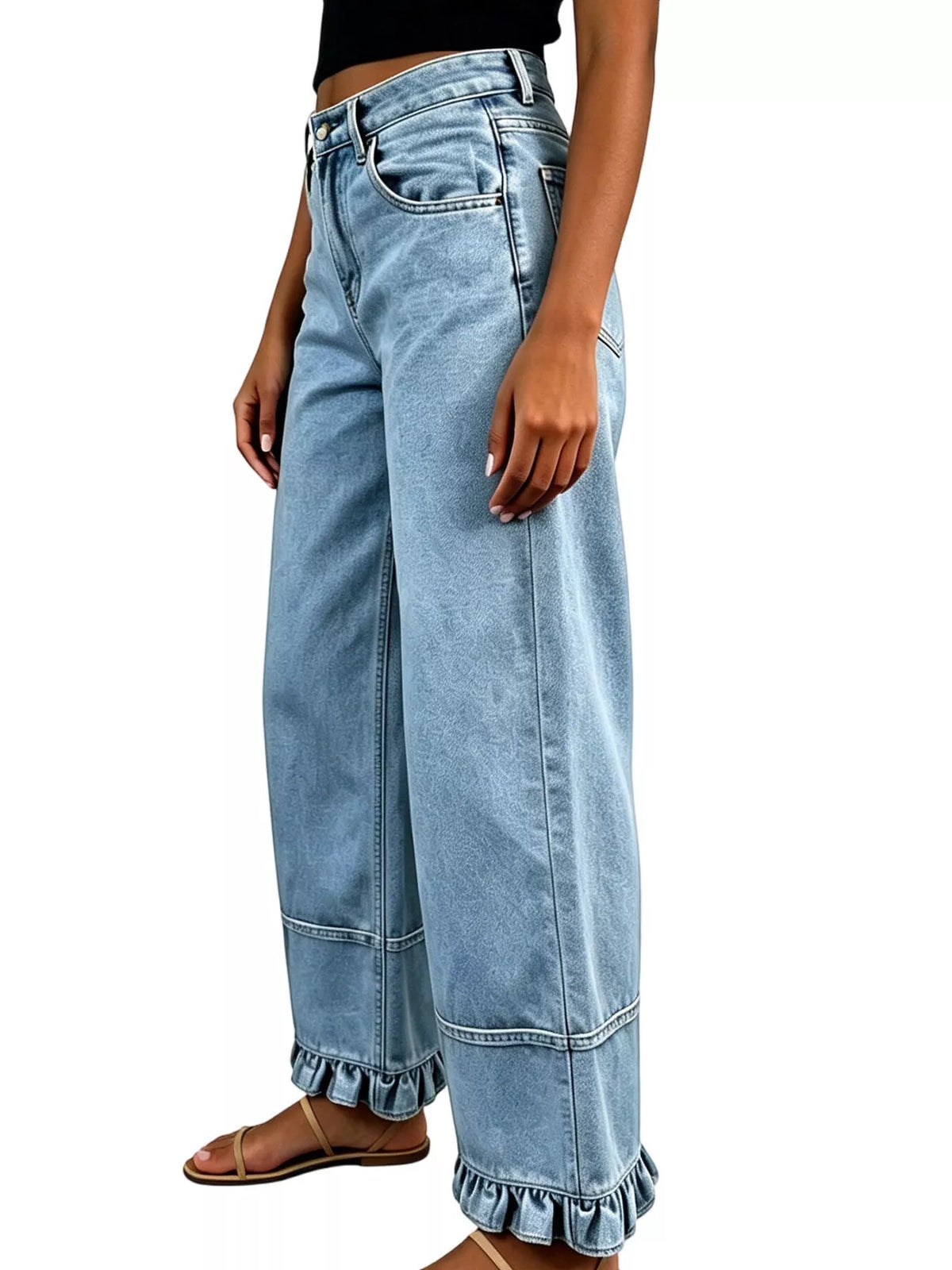 High-Waisted Wide-Leg Ruffled-Hem Jeans — product view 4