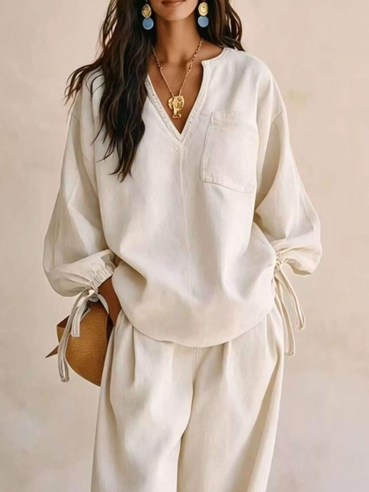 Drawstring-Sleeve Top and Pants Denim Set — product view 5