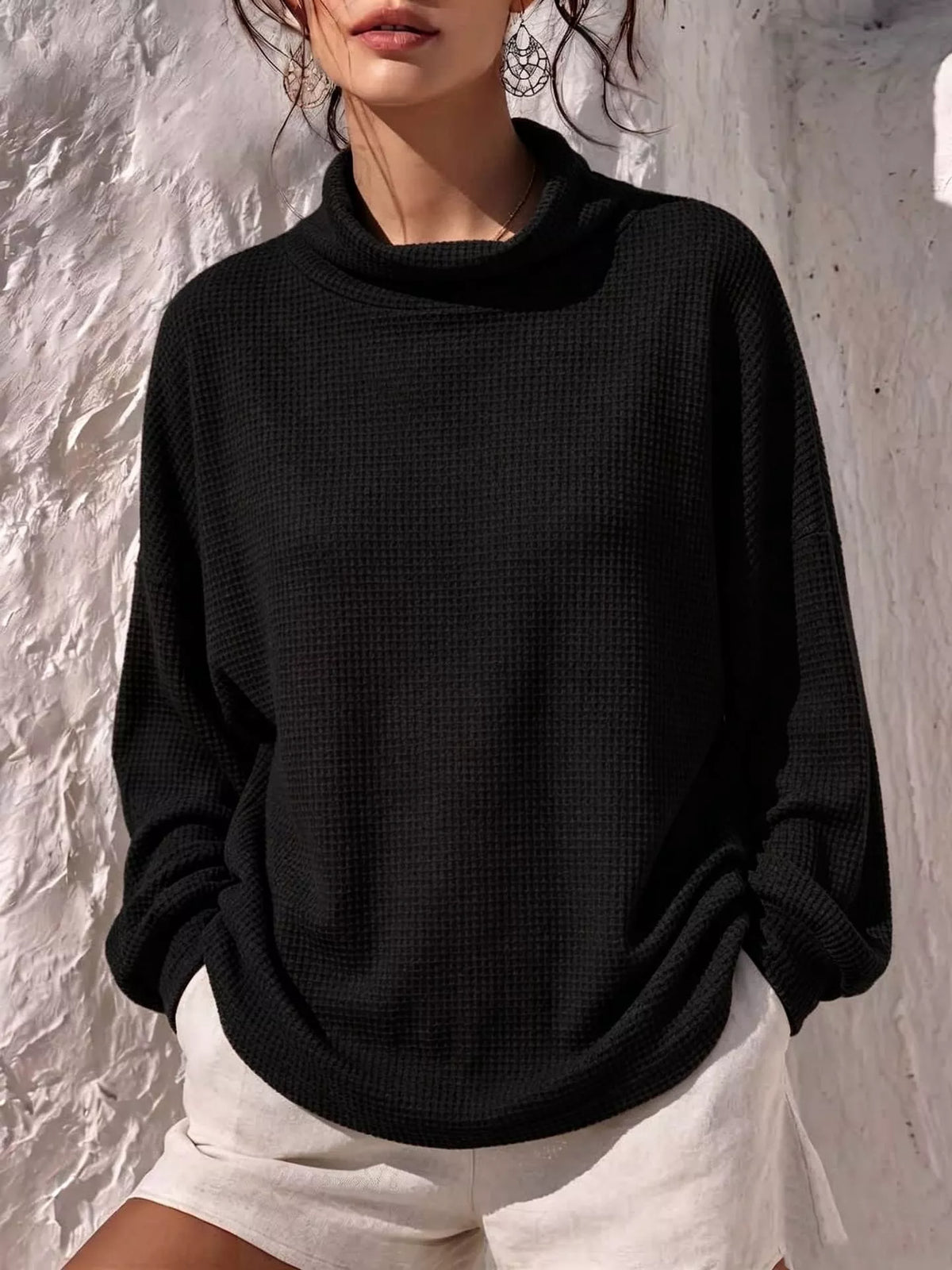 Waffle-Knit Mock-Neck Long-Sleeve Top — product view 7