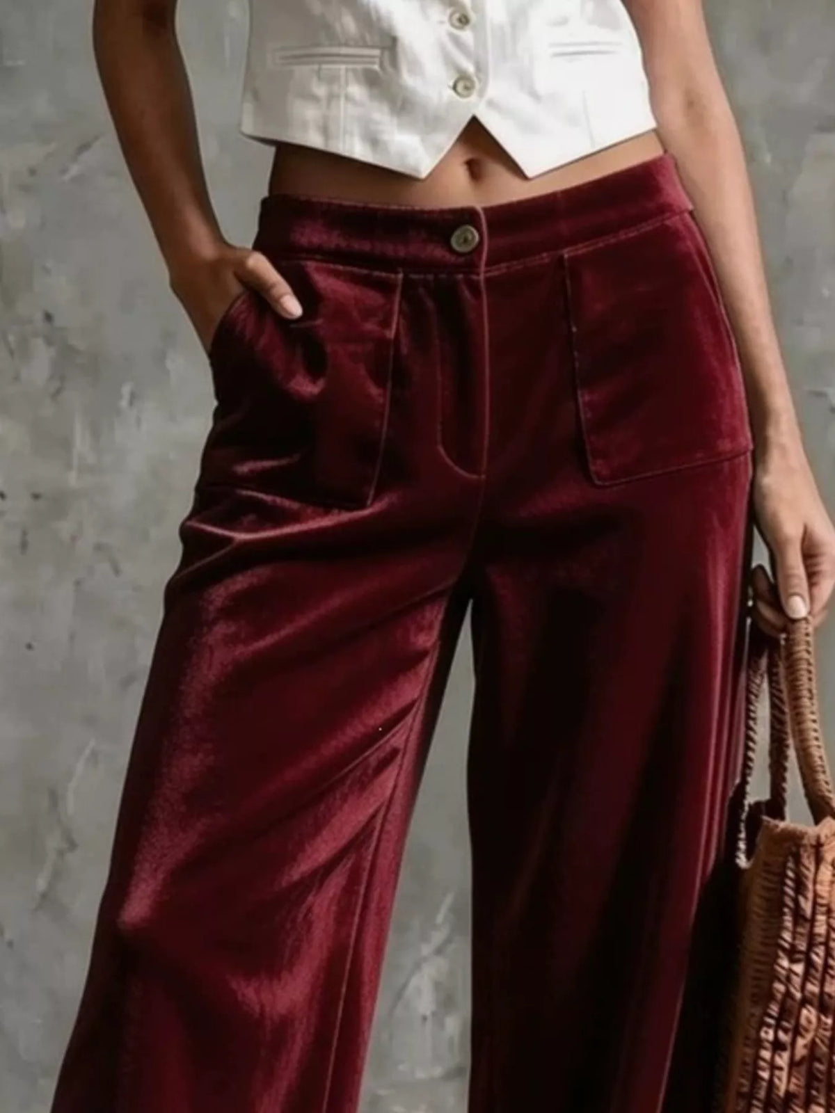 High-Waisted Wide-Leg Velvet Pants with Pockets — product view 9
