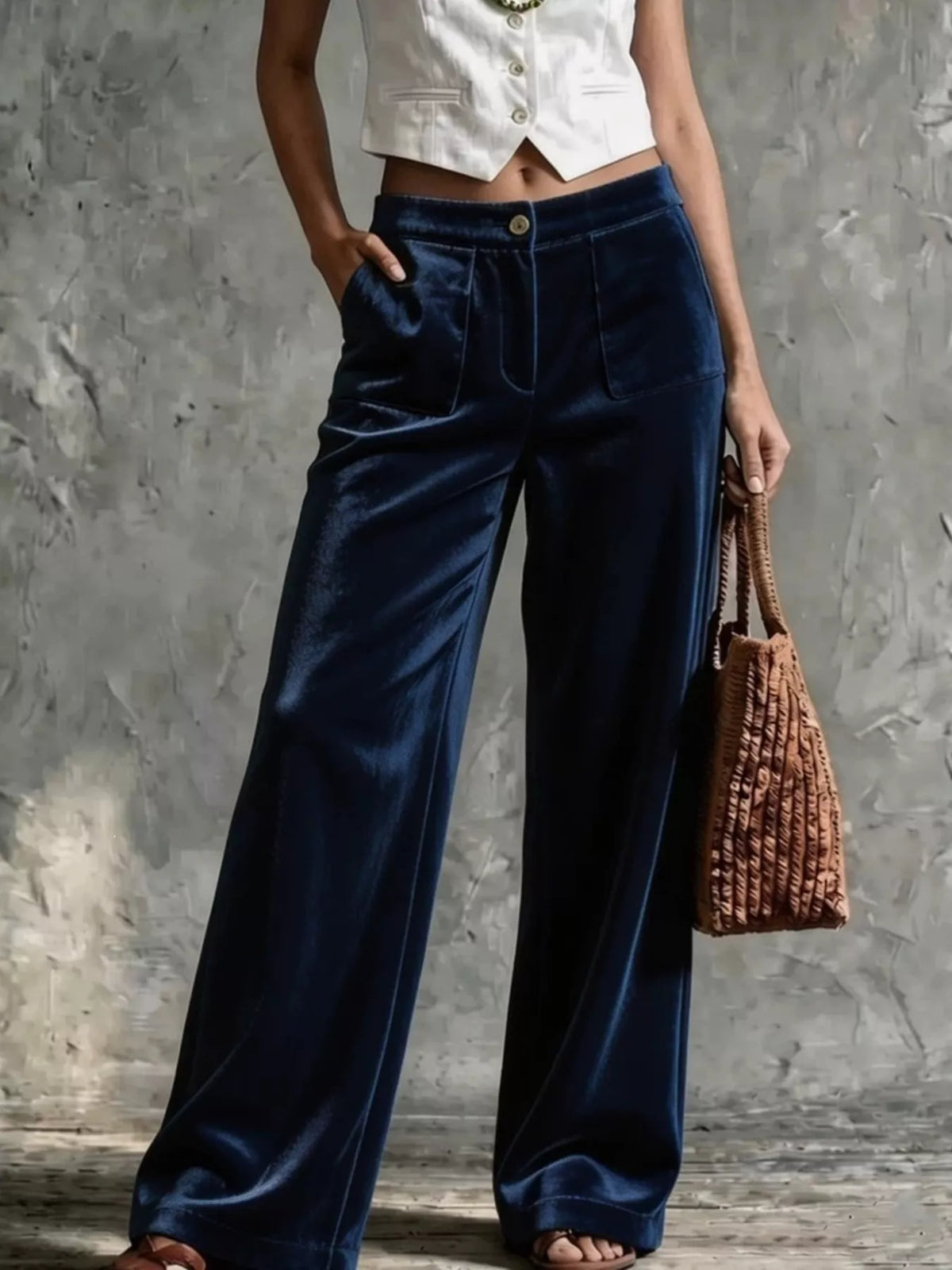 High-Waisted Wide-Leg Velvet Pants with Pockets — product view 5