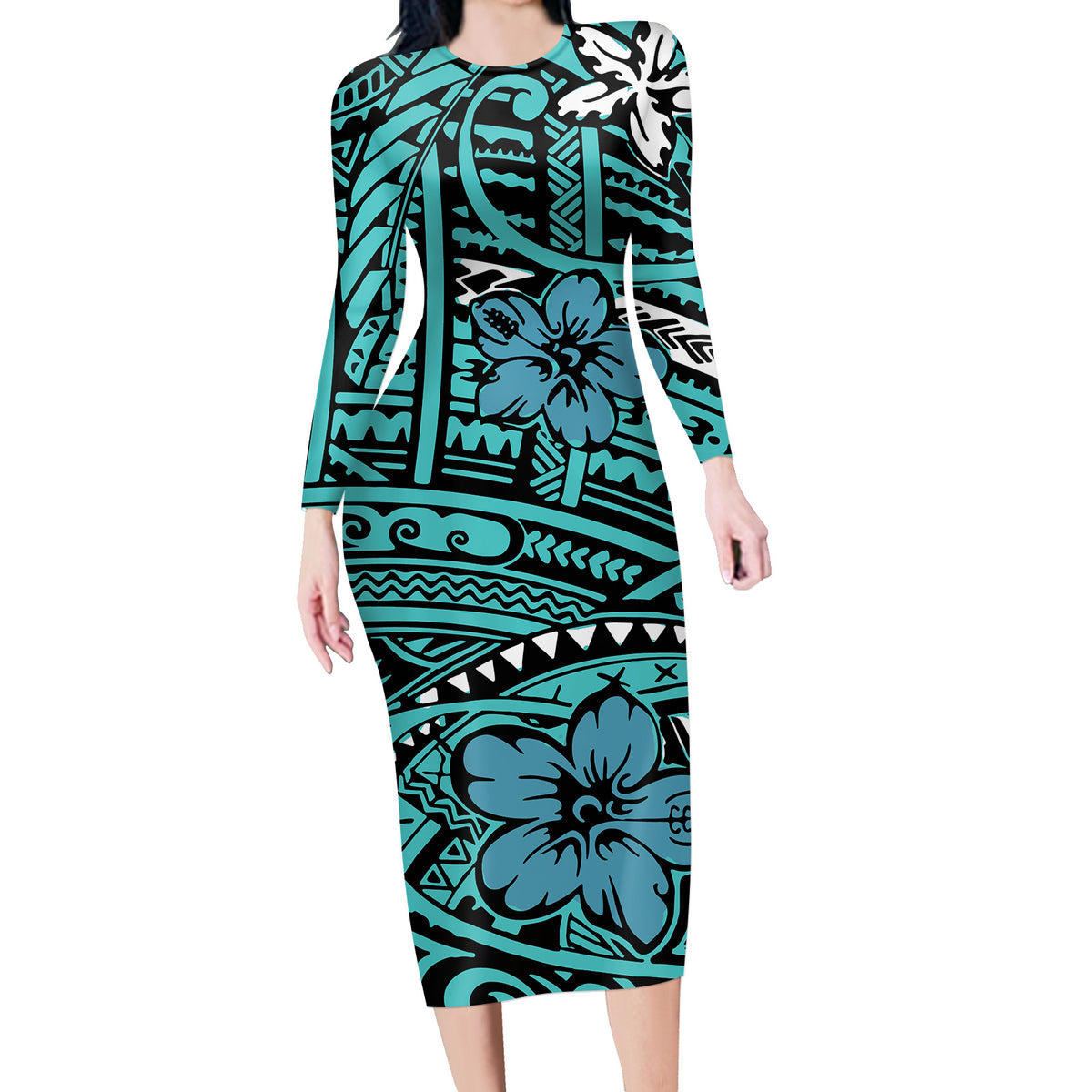 Polynesian Floral Long-Sleeve Dress — product view 7