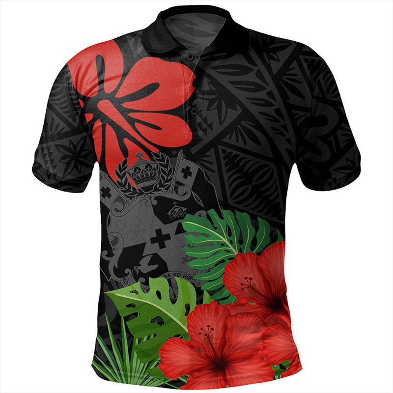 Pacific short-sleeve polo shirt — Tonga Black Hibiscus