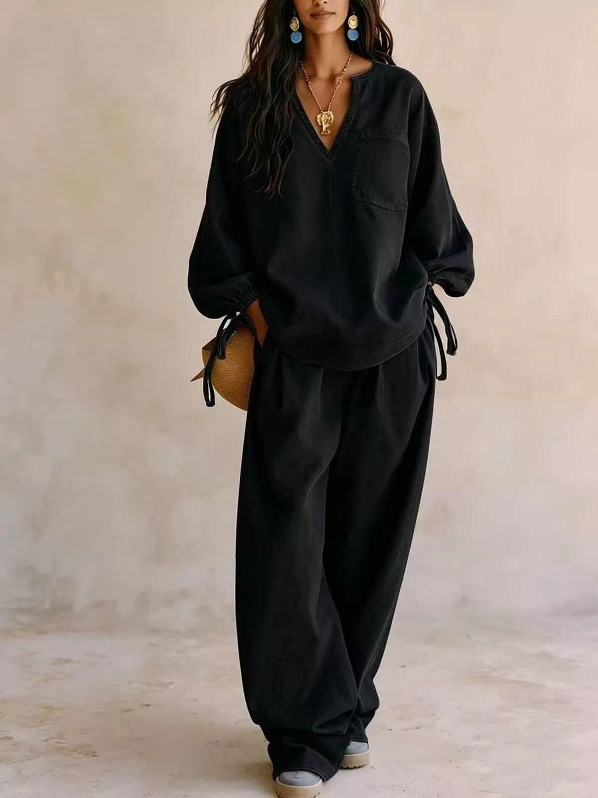 Drawstring-Sleeve Top and Pants Denim Set — product view 13