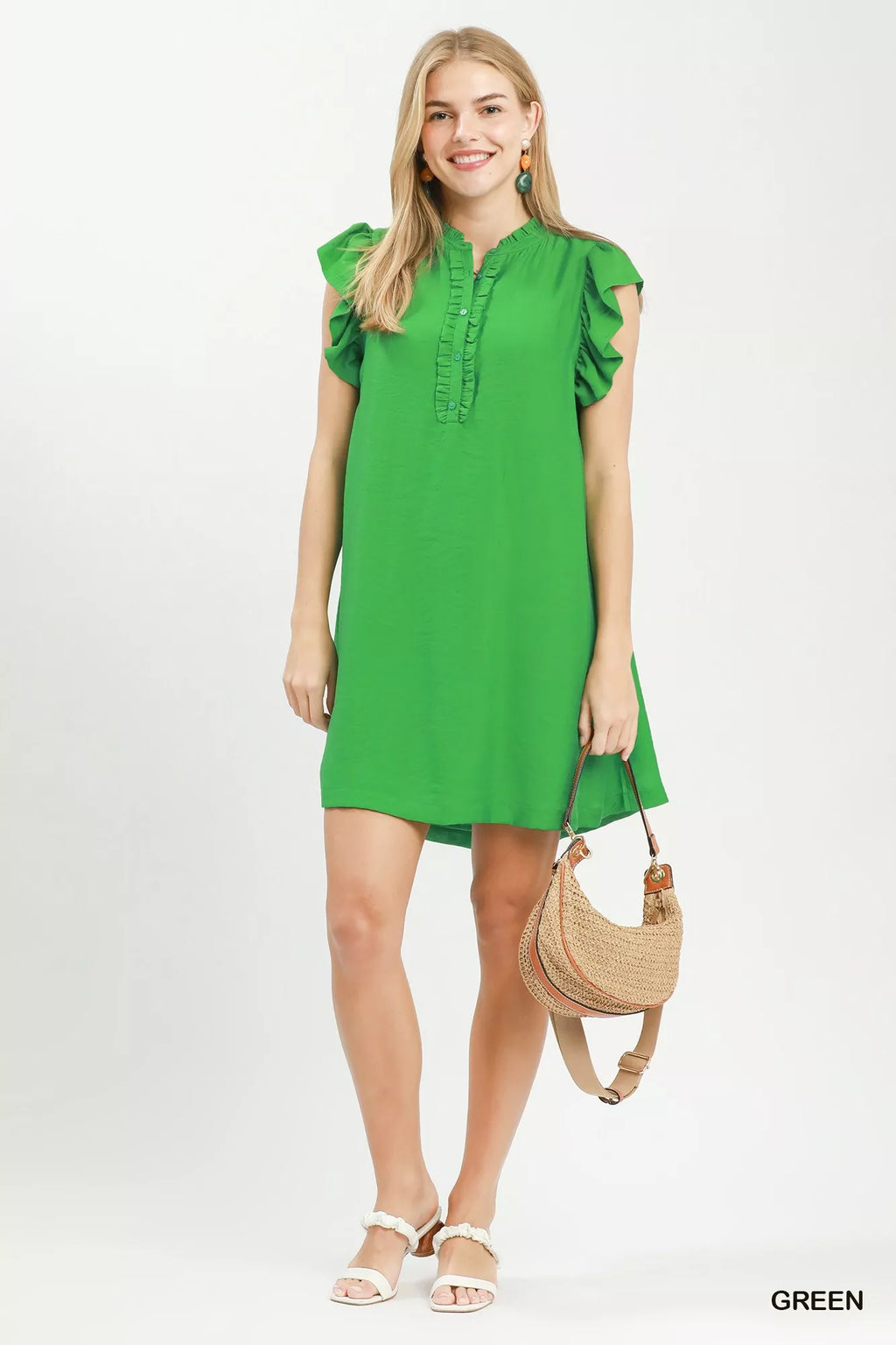 Green Umgee ruffle-sleeve Henley shift dress — product view 4