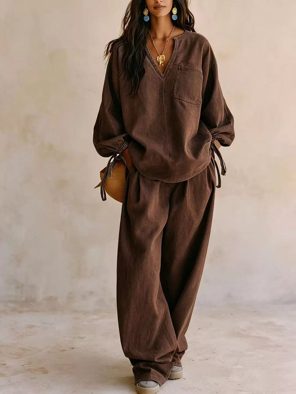 Drawstring-Sleeve Top and Pants Denim Set — product view 10