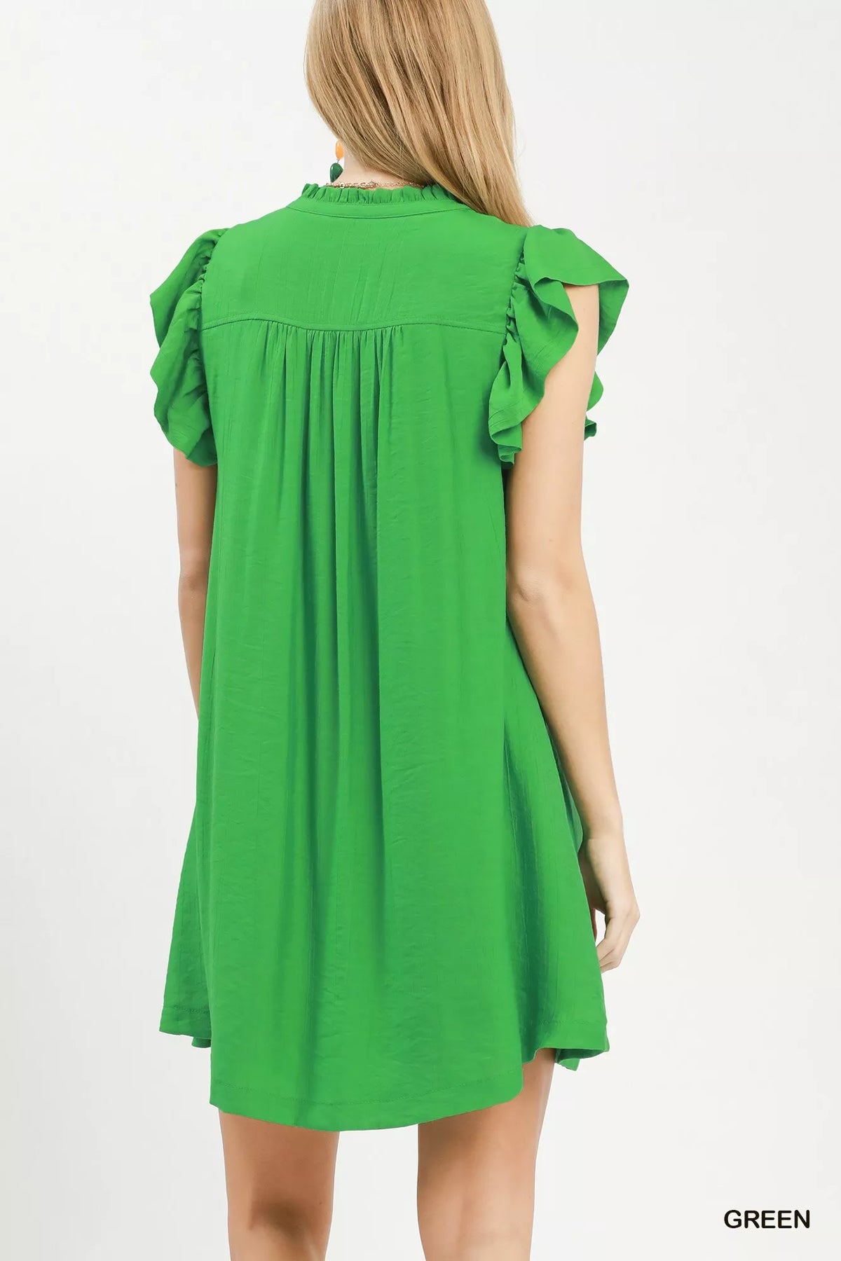 Green Umgee ruffle-sleeve Henley shift dress — product view 3