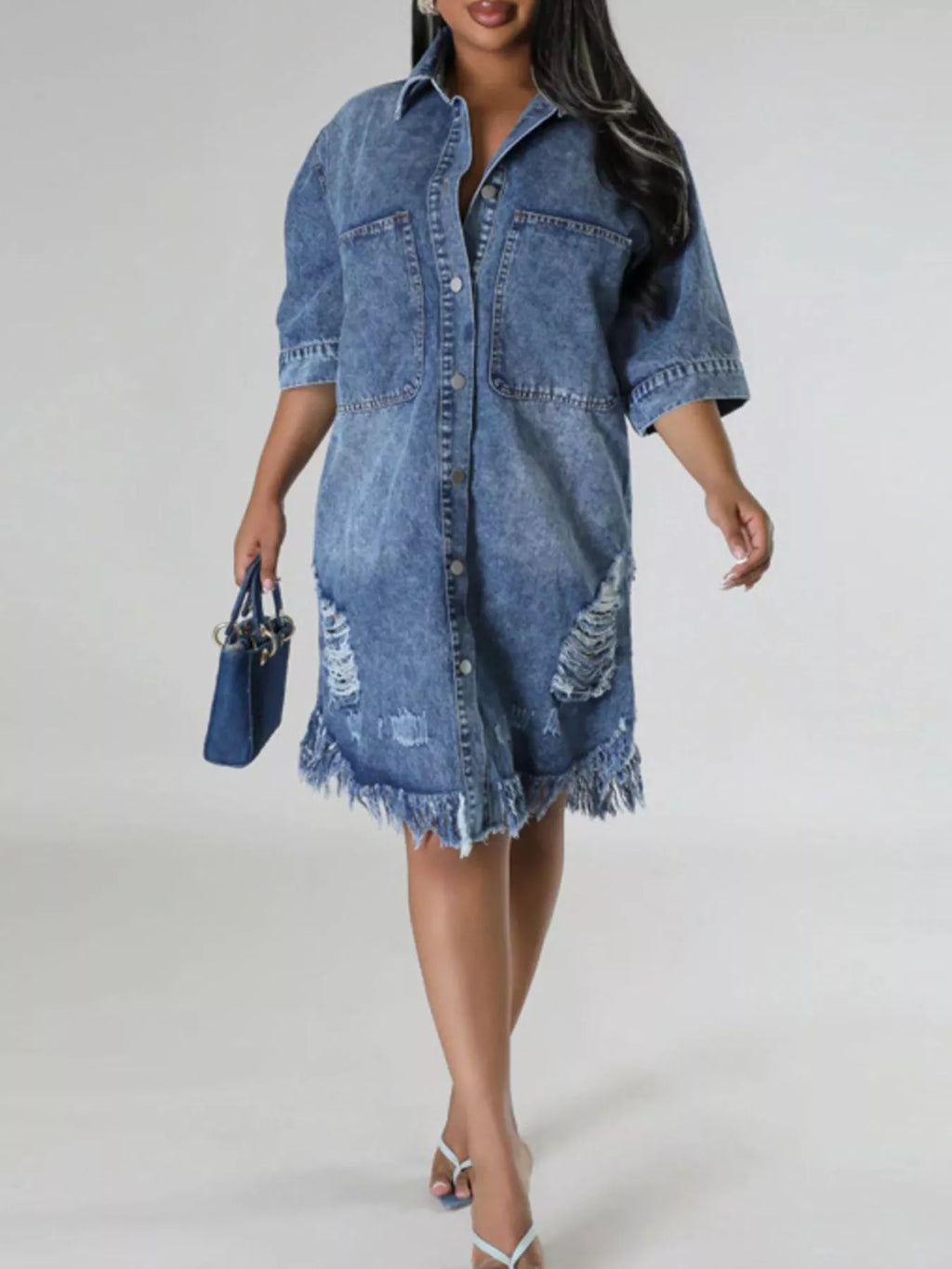 Distressed Button-Down Denim Dress — product view 2