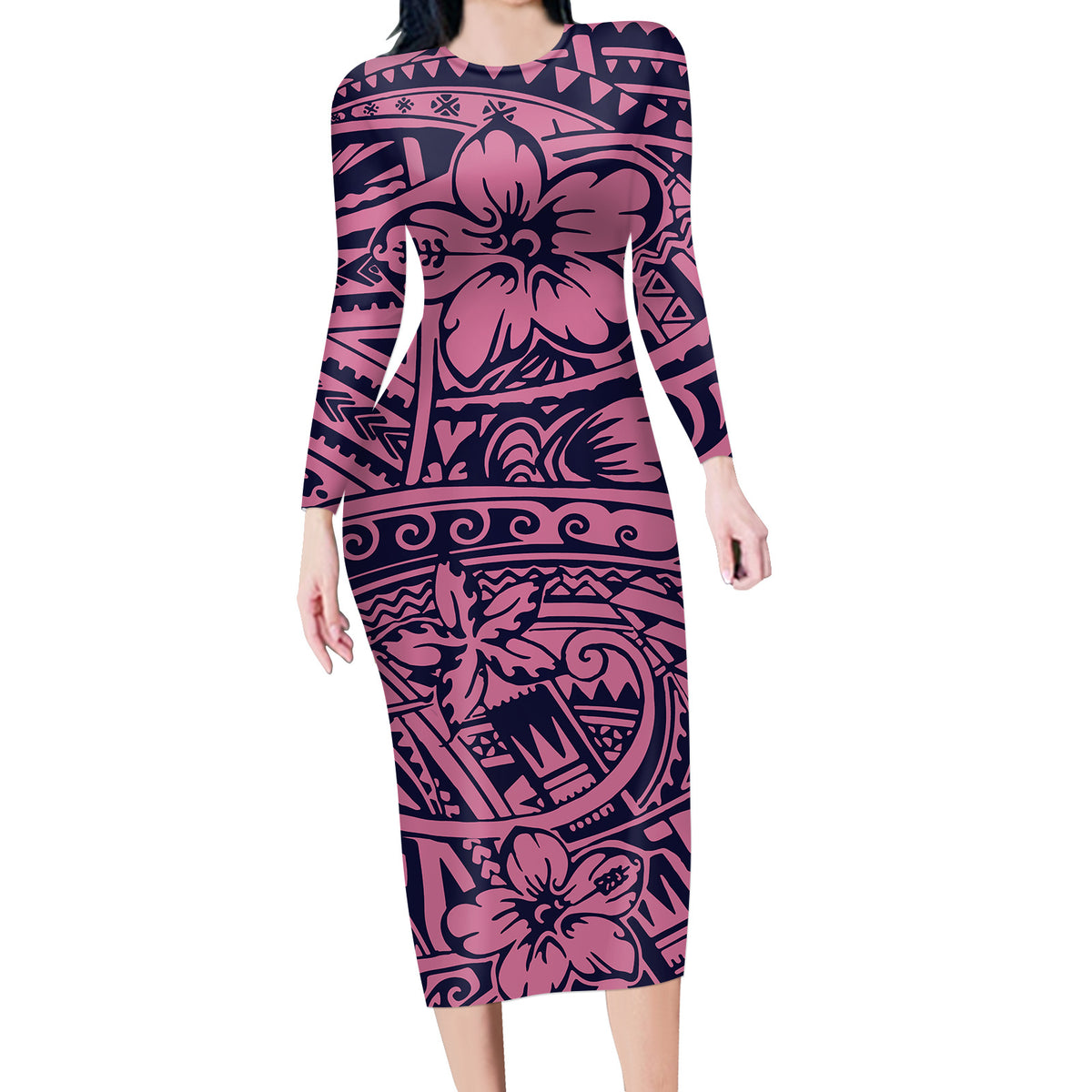 Polynesian Floral Long-Sleeve Dress — product view 3