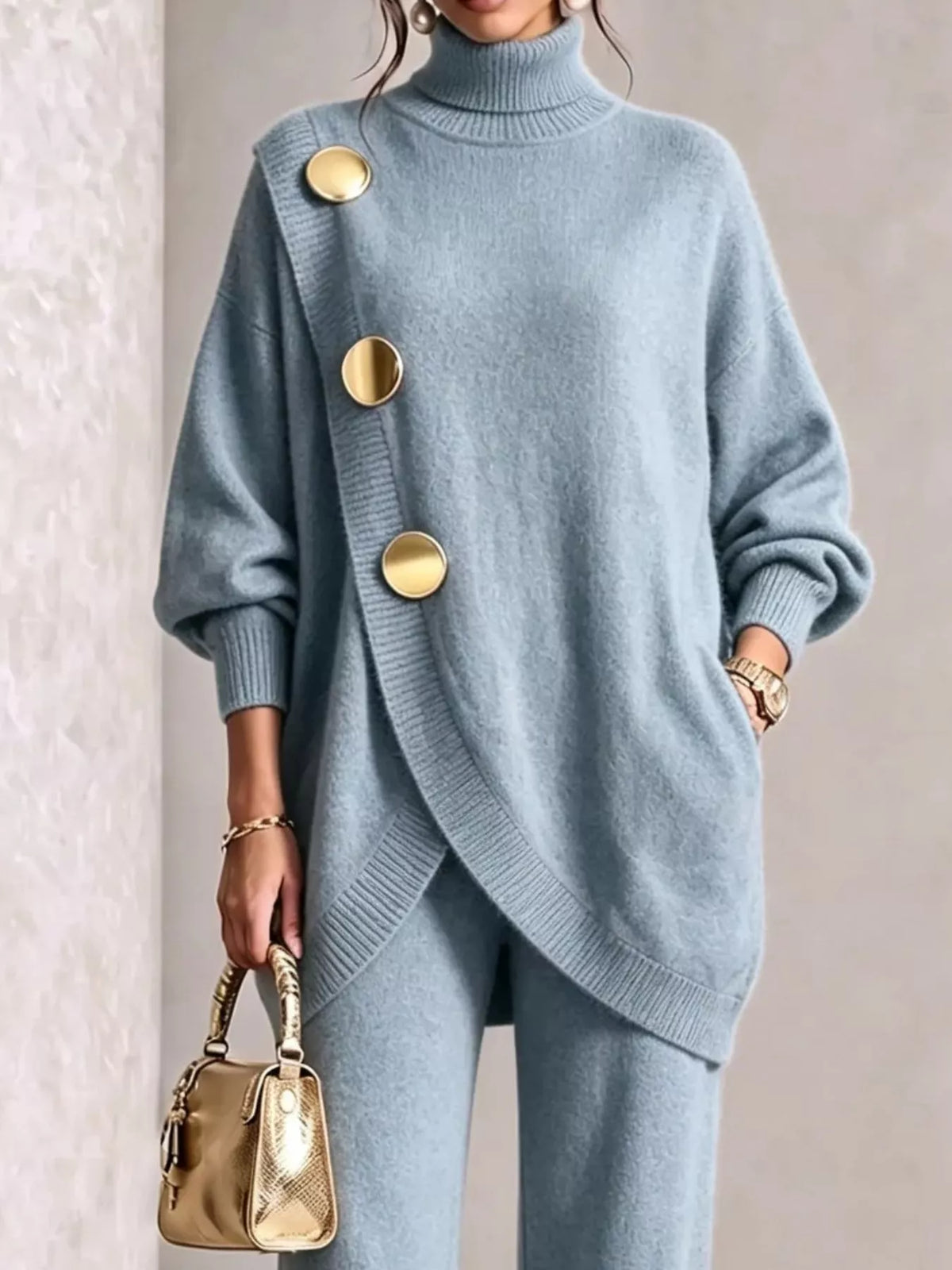Gold-Button Turtleneck Sweater and Pants Set — product view 6