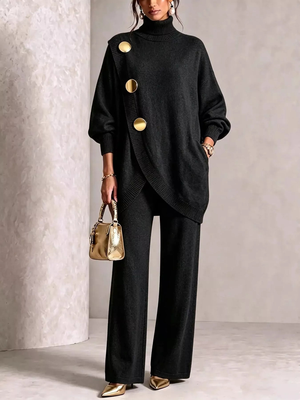 Gold-Button Turtleneck Sweater and Pants Set — product view 11