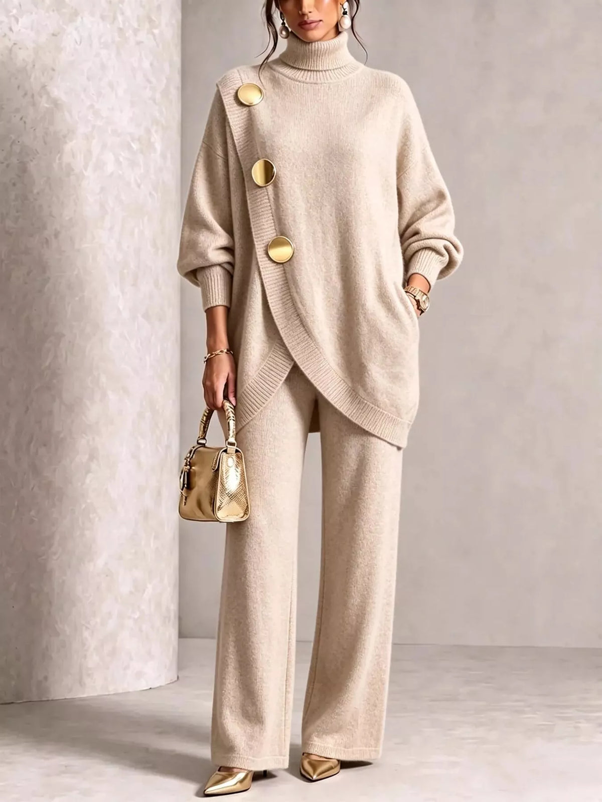 Gold-Button Turtleneck Sweater and Pants Set — product view 7
